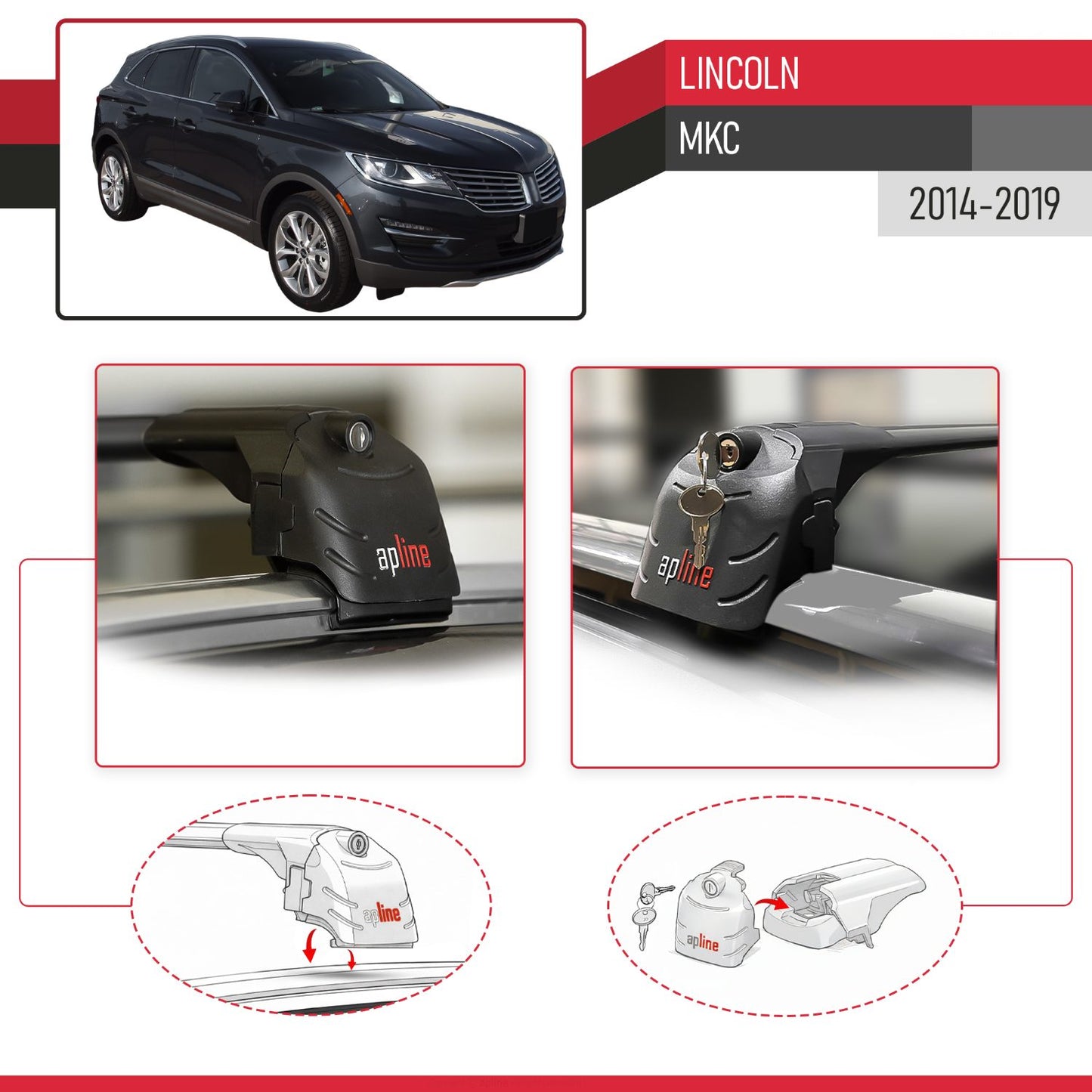Compatible with Lincoln MKC 2014-2019 ACE-2 Model Car Roof Rack Cross Bar Black Aluminium 2 Bars