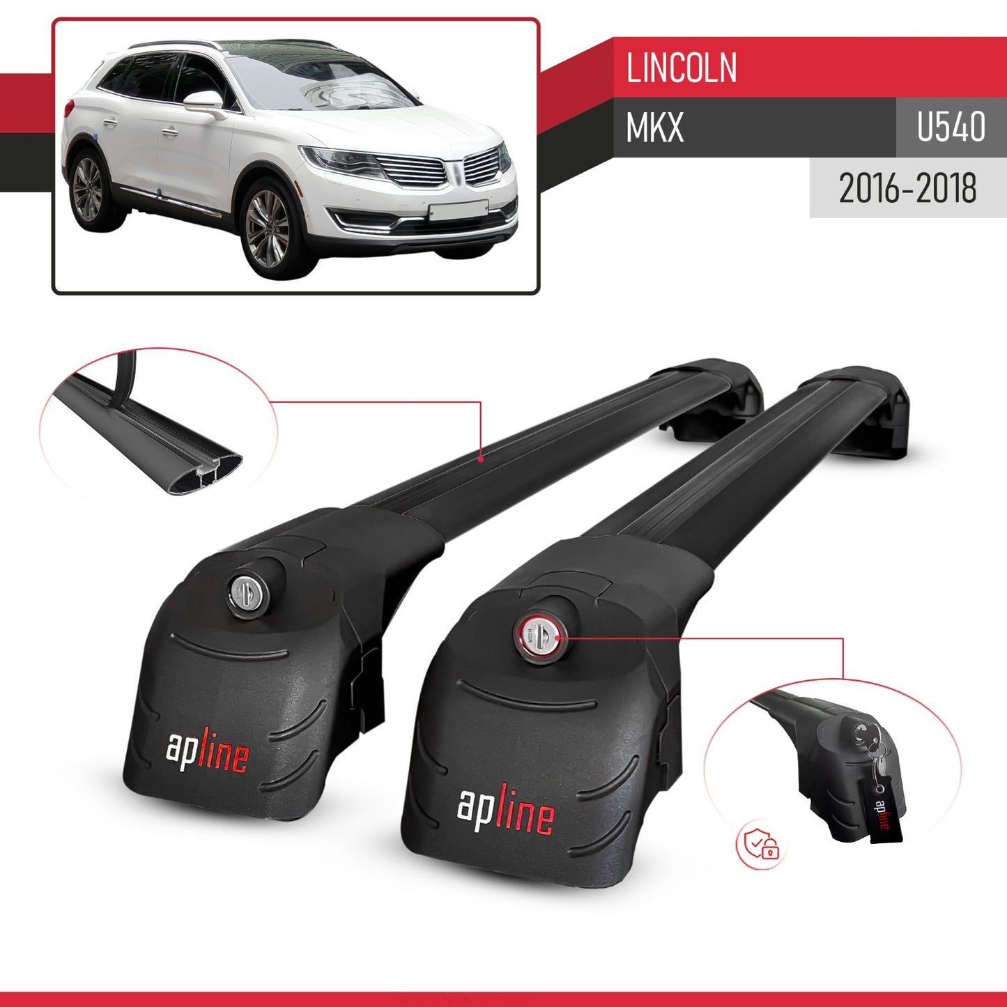 Compatible with Lincoln MKX (U540) 2016-2018 ACE-2 Model Car Roof Rack Cross Bar Black Aluminium 2 Bars