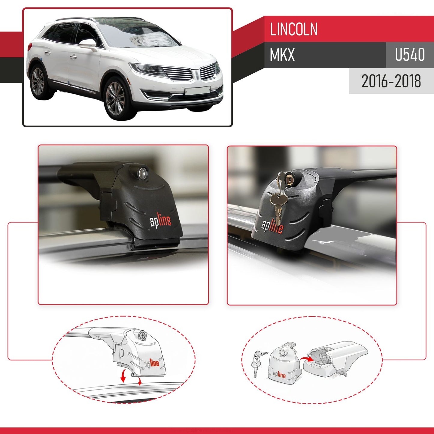 Compatible with Lincoln MKX (U540) 2016-2018 ACE-2 Model Car Roof Rack Cross Bar Black Aluminium 2 Bars