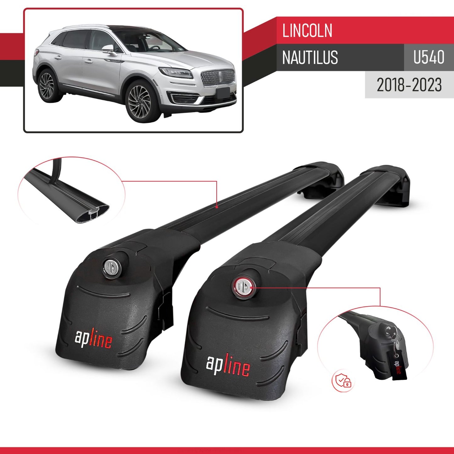 Compatible with Lincoln Nautilus (U540) 2018-2023 ACE-2 Model Car Roof Rack Cross Bar Black Aluminium 2 Bars