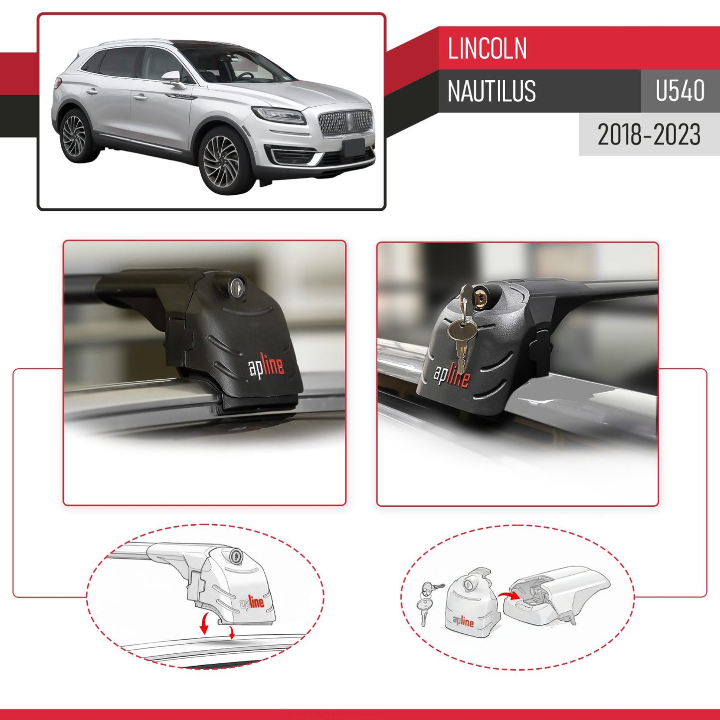Compatible with Lincoln Nautilus (U540) 2018-2023 ACE-2 Model Car Roof Rack Cross Bar Black Aluminium 2 Bars