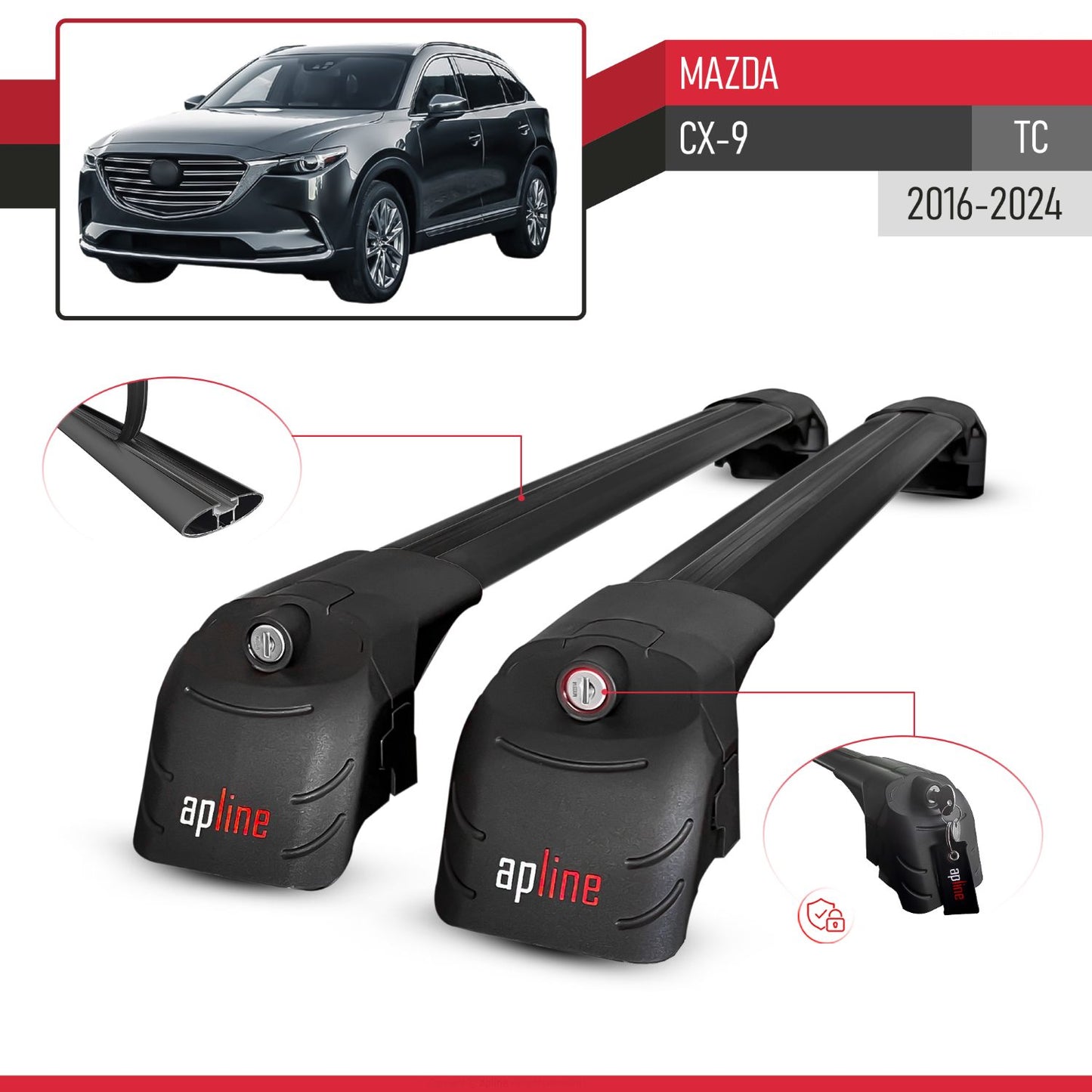 Compatible with Mazda CX-9 (TC) 2016-2024 ACE-2 Model Car Roof Rack Cross Bar Black Aluminium 2 Bars