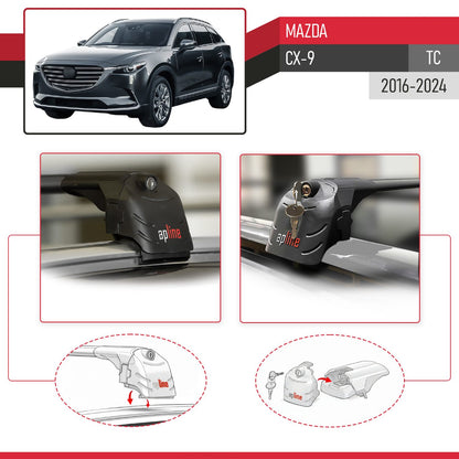 Compatible with Mazda CX-9 (TC) 2016-2024 ACE-2 Model Car Roof Rack Cross Bar Black Aluminium 2 Bars