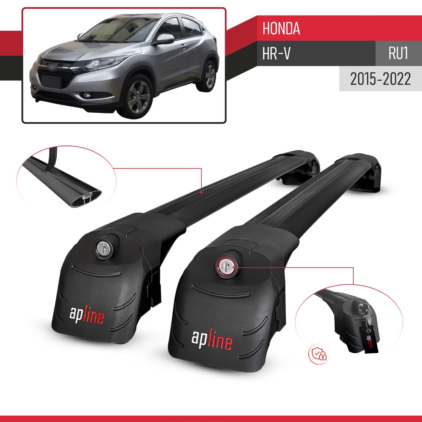 Compatible with Honda HR-V (RU1) 2015-2022 ACE-2 Model Car Roof Rack Cross Bar Black Aluminium 2 Bars