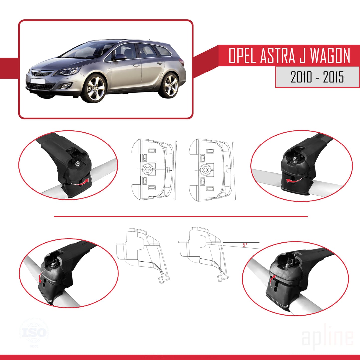 Compatible with Opel Astra J Wagon 2010-2015 ACE-2 Car Roof Rack Cross Bar Black Aluminium 2 Bars