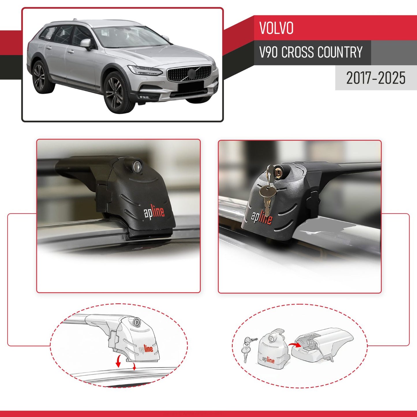 Compatible with Volvo V90 Cross Country 2017-2025 ACE-2 Model Car Roof Rack Cross Bar Black Aluminium 2 Bars