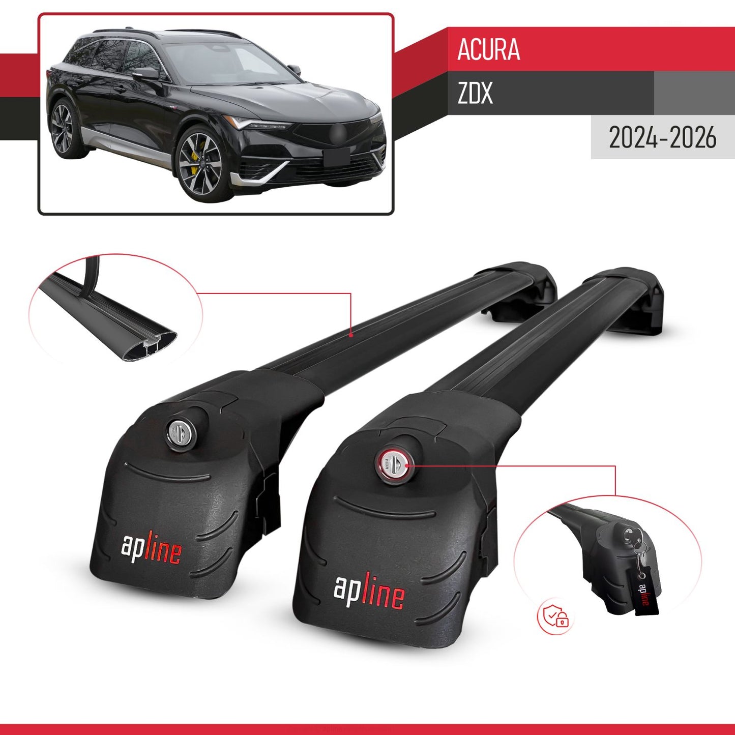 Compatible with Acura ZDX 2024-2026 ACE-2 Model Roof Rack Black 2 Aluminium Bars
