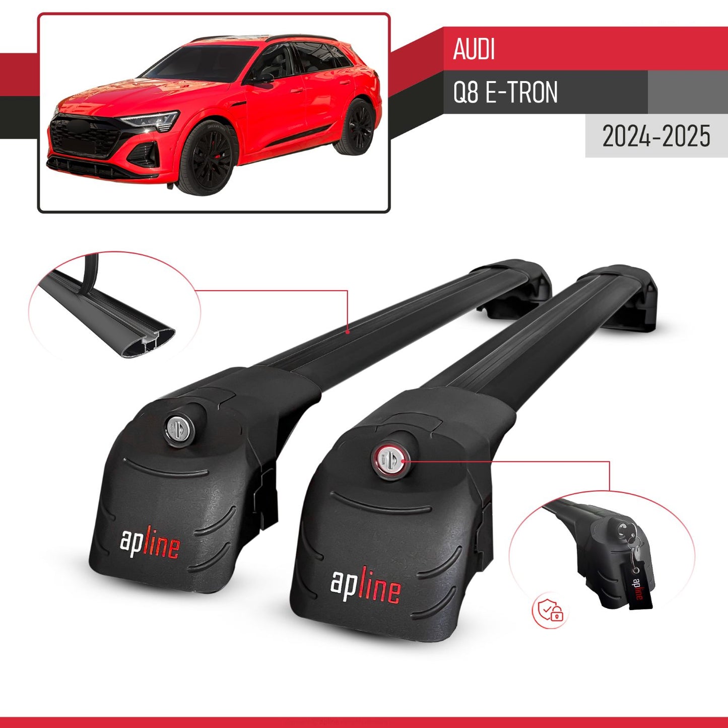 Compatible with Audi Q8 e-Tron 2024-2025 ACE-2 Model Car Roof Rack Cross Bar Black Aluminium 2 Bars