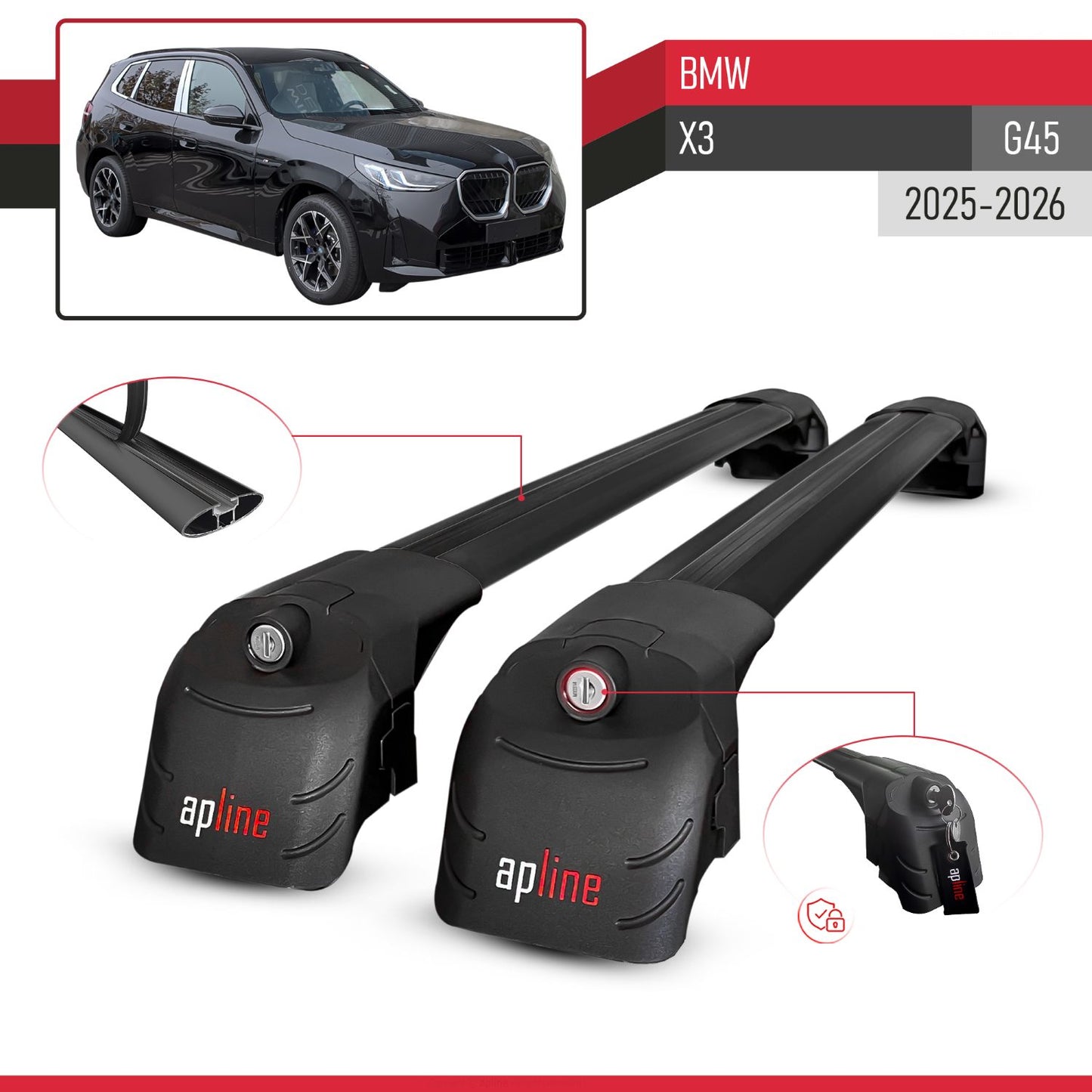 Compatible with BMW X3 (G45) 2025-2026 ACE-2 Model Car Roof Rack Cross Bar Black Aluminium 2 Bars