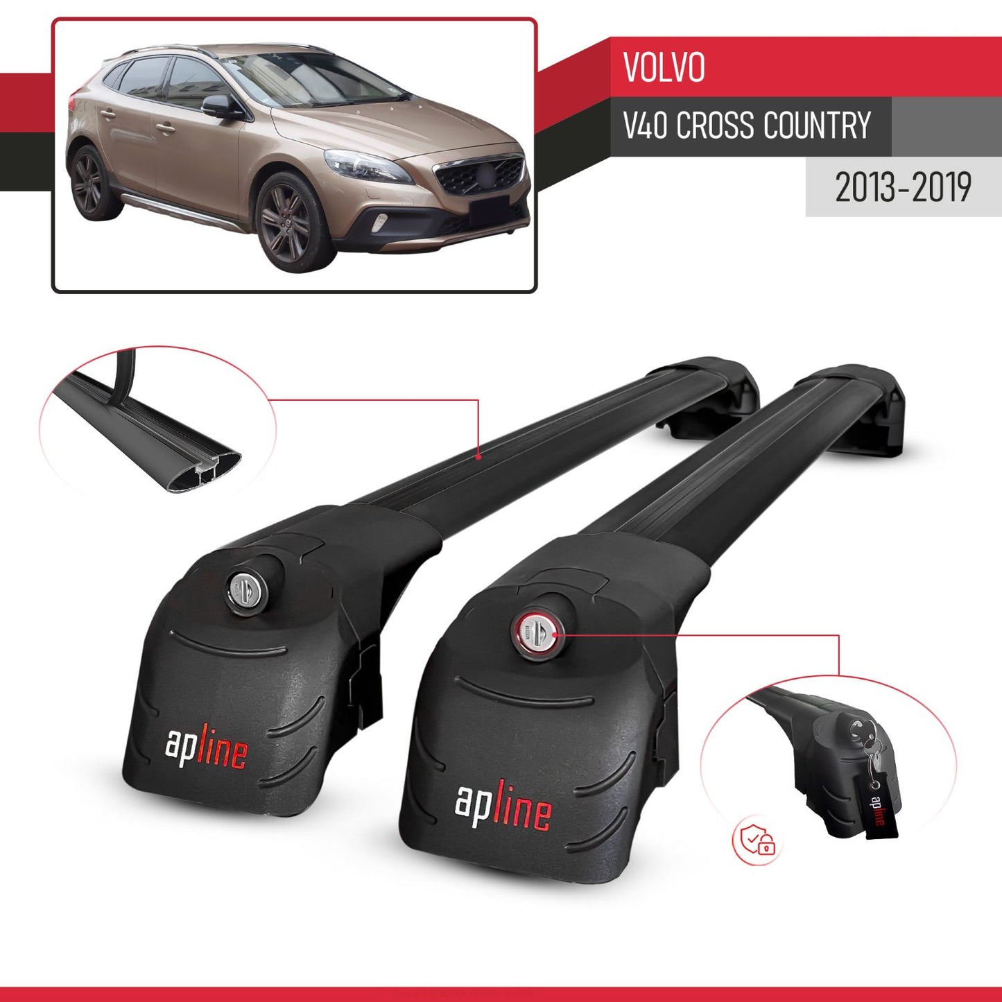 Compatible with Volvo V40 Cross Country 2013-2019 ACE-2 Model Car Roof Rack Cross Bar Black Aluminium 2 Bars