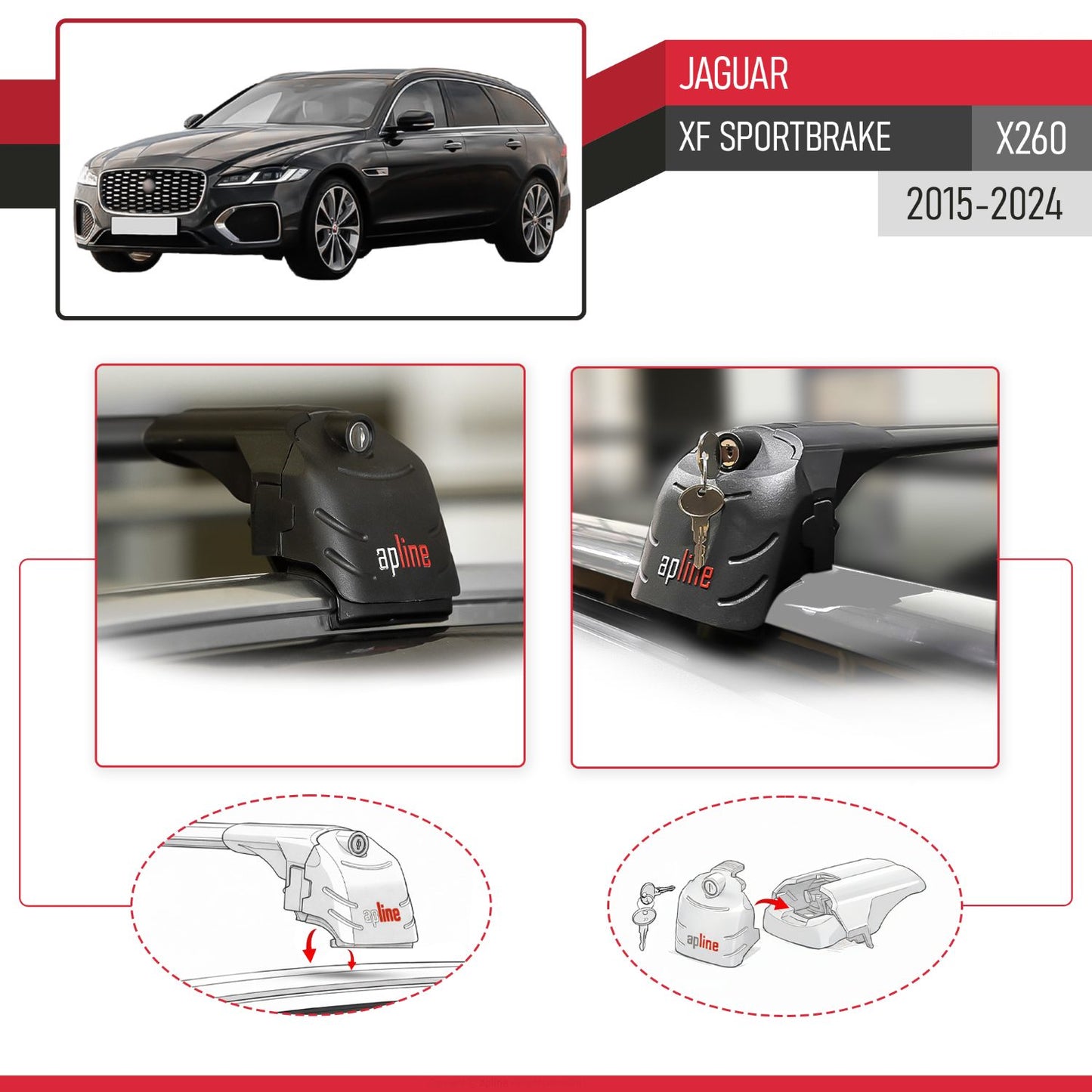 Compatible with Jaguar XF Sportbrake (X260) 2015-2024 ACE-2 Model Car Roof Rack Cross Bar Black Aluminium 2 Bars