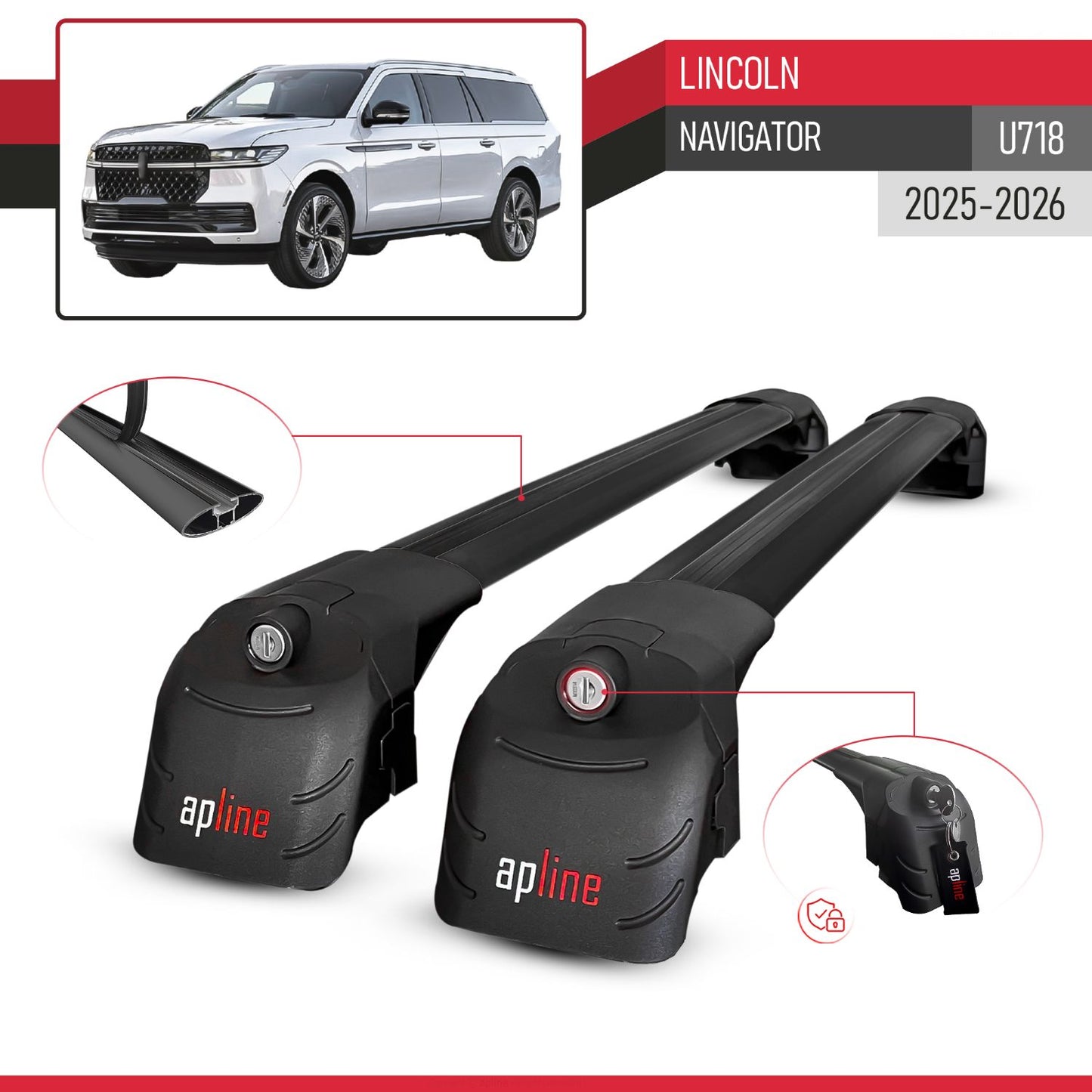 Compatible with Lincoln Navigator (U718) 2025-2026 ACE-2 Model Car Roof Rack Cross Bar Black Aluminium 2 Bars