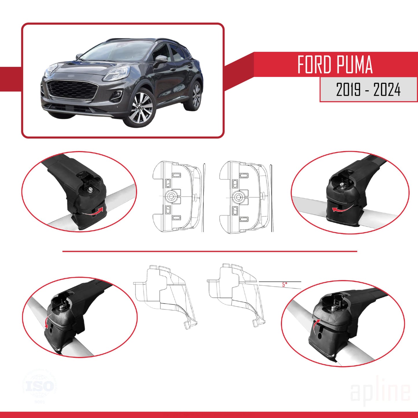 Compatible with Ford Puma 2019-2024 ACE-2 Car Roof Rack Cross Bar Black Aluminium 2 Bars