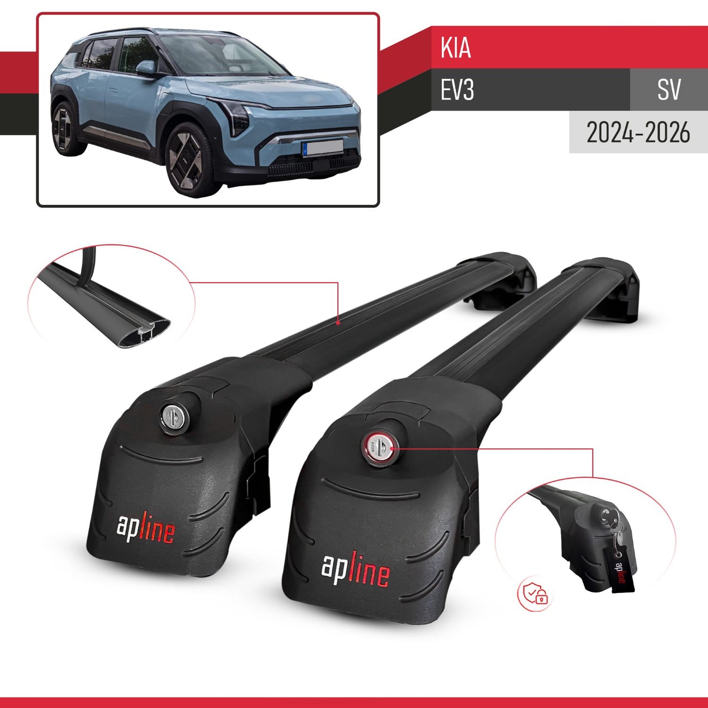 Compatible with Kia EV3 (SV) 2024-2026 ACE-2 Model Car Roof Rack Cross Bar Black Aluminium 2 Bars