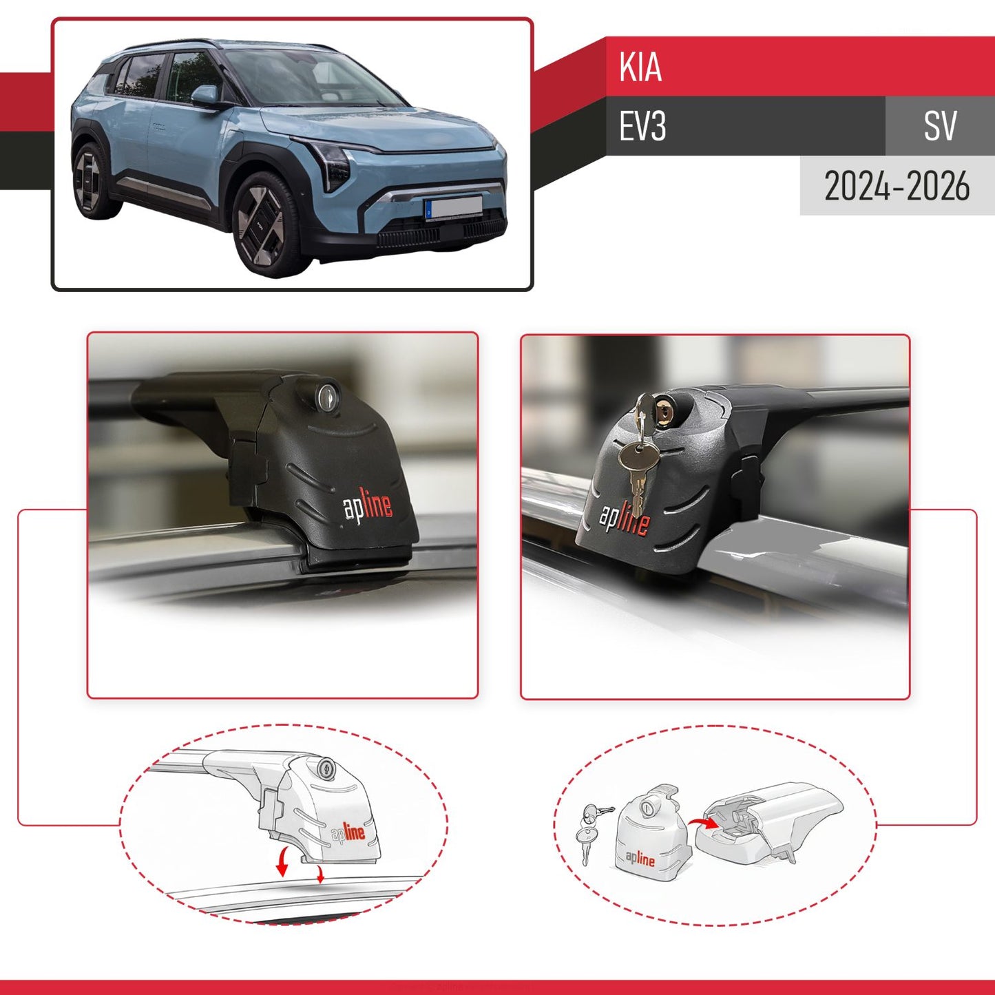 Compatible with Kia EV3 (SV) 2024-2026 ACE-2 Model Car Roof Rack Cross Bar Black Aluminium 2 Bars