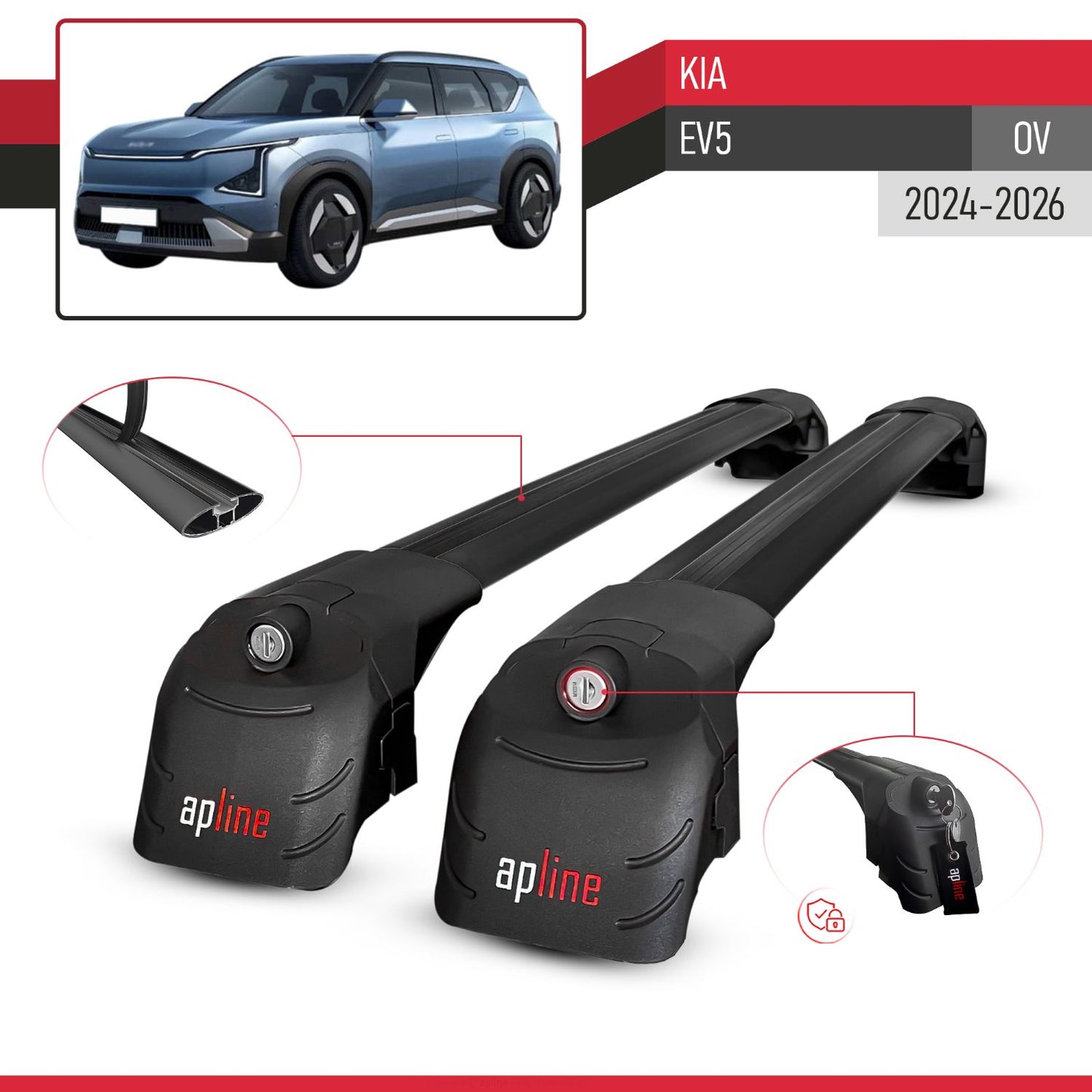 Compatible with Kia EV5 (OV) 2024-2026 ACE-2 Model Car Roof Rack Cross Bar Black Aluminium 2 Bars