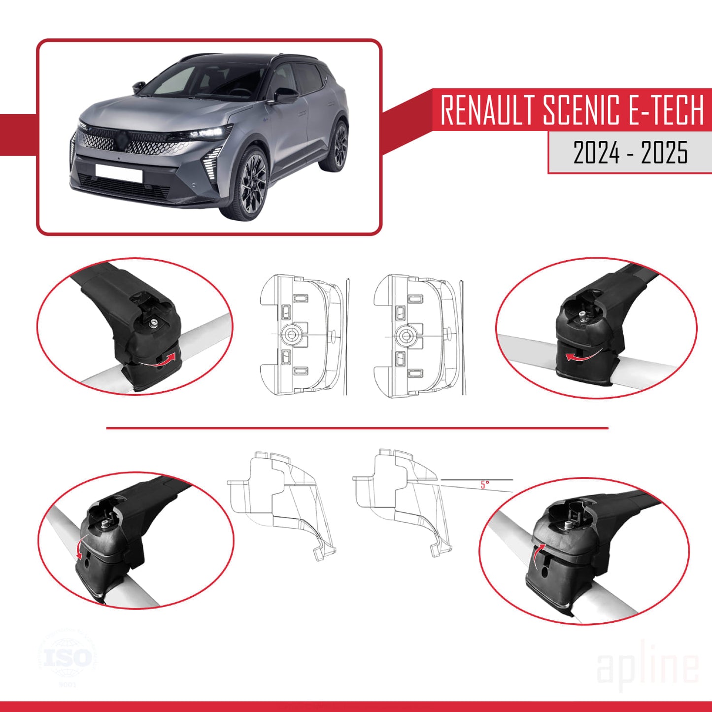 Compatible with Renault Scenic E-Tech 2024-2025 ACE-2 Car Roof Rack Cross Bar Black Aluminium 2 Bars