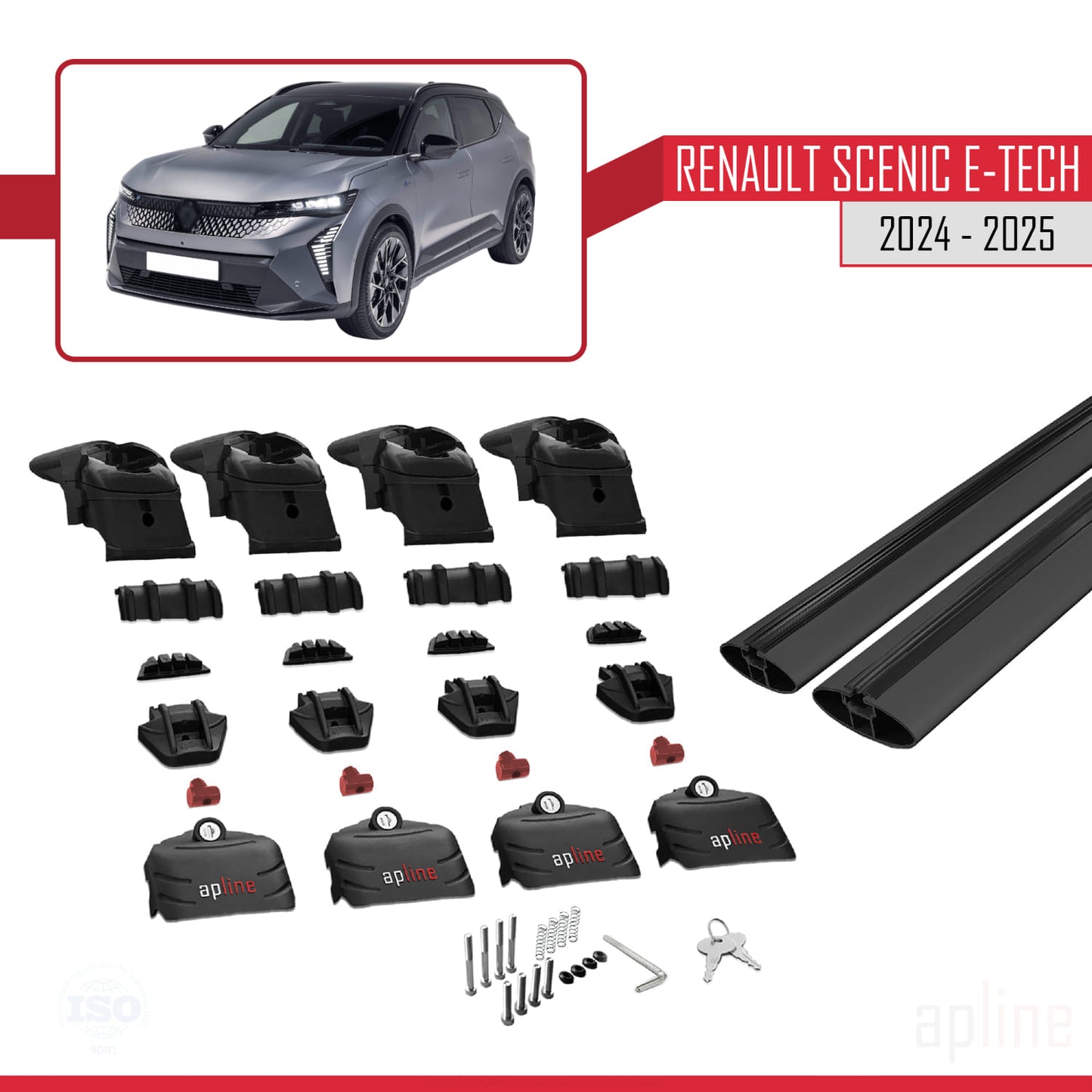 Compatible with Renault Scenic E-Tech 2024-2025 ACE-2 Car Roof Rack Cross Bar Black Aluminium 2 Bars