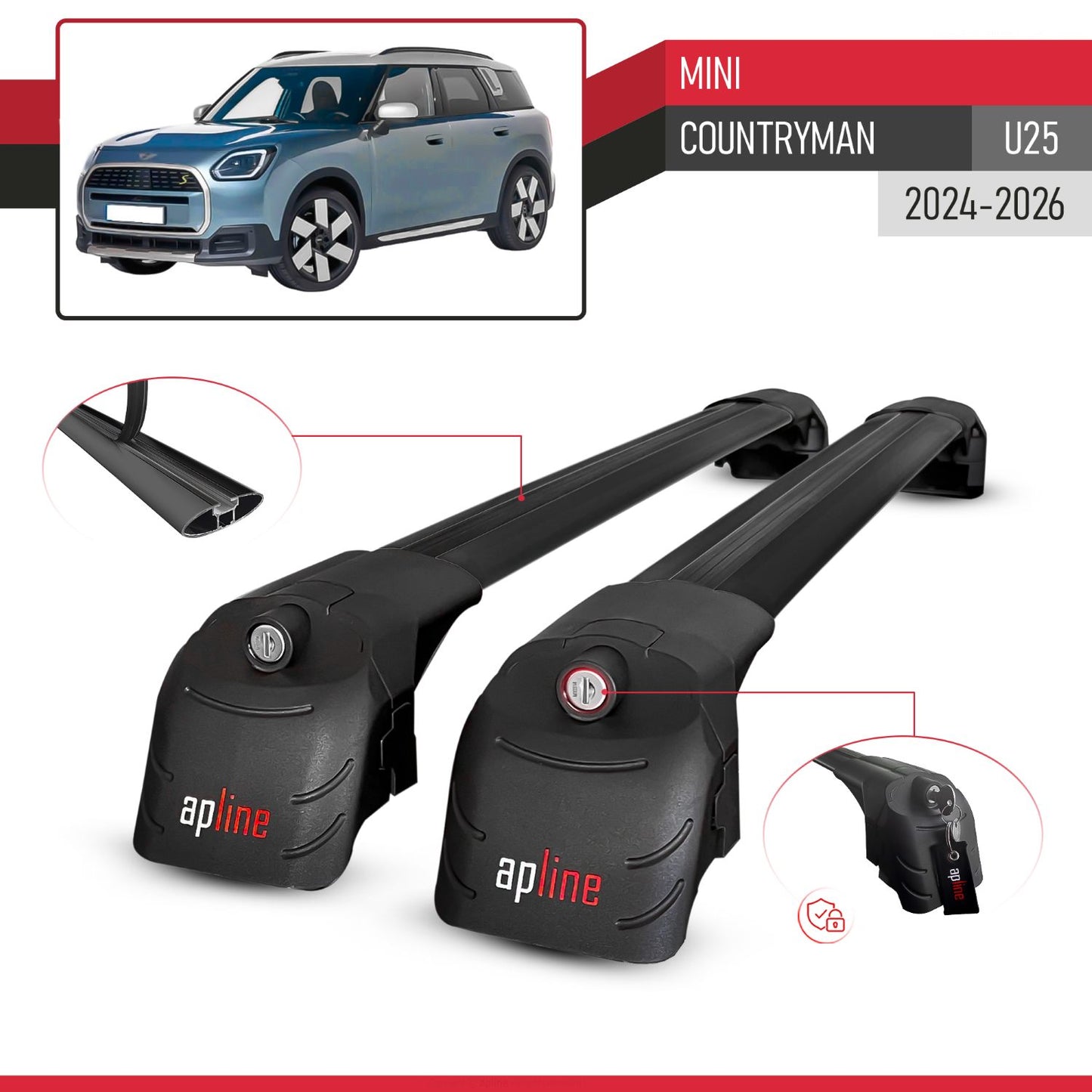 Compatible with Mini Countryman (U25) 2024-2026 ACE-2 Model Car Roof Rack Cross Bar Black Aluminium 2 Bars