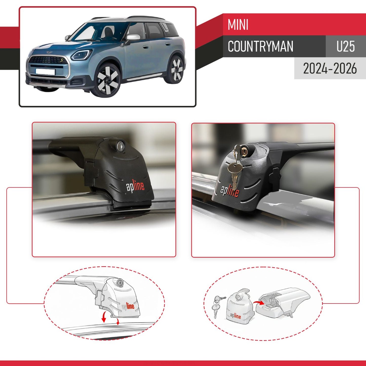 Compatible with Mini Countryman (U25) 2024-2026 ACE-2 Model Car Roof Rack Cross Bar Black Aluminium 2 Bars