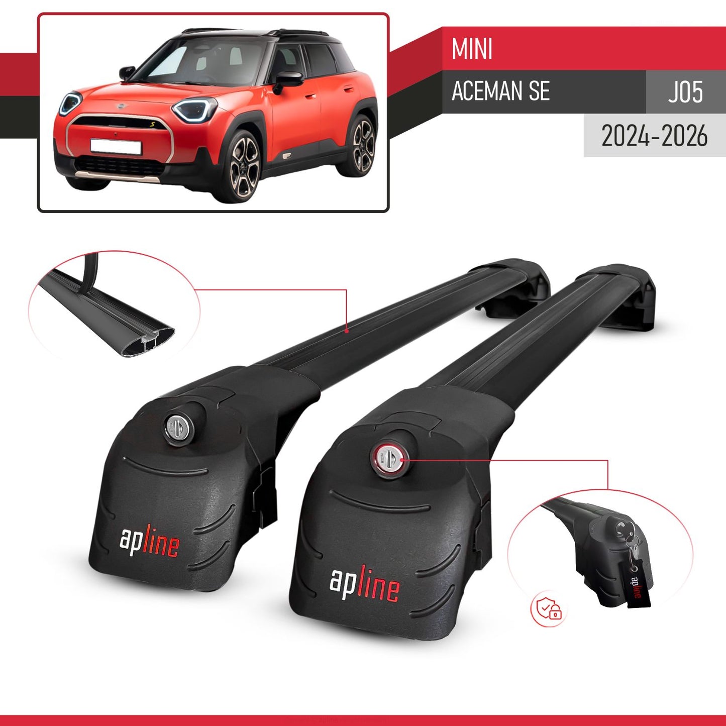 Compatible with Mini Aceman SE (J05) 2024-2026 ACE-2 Model Car Roof Rack Cross Bar Black Aluminium 2 Bars