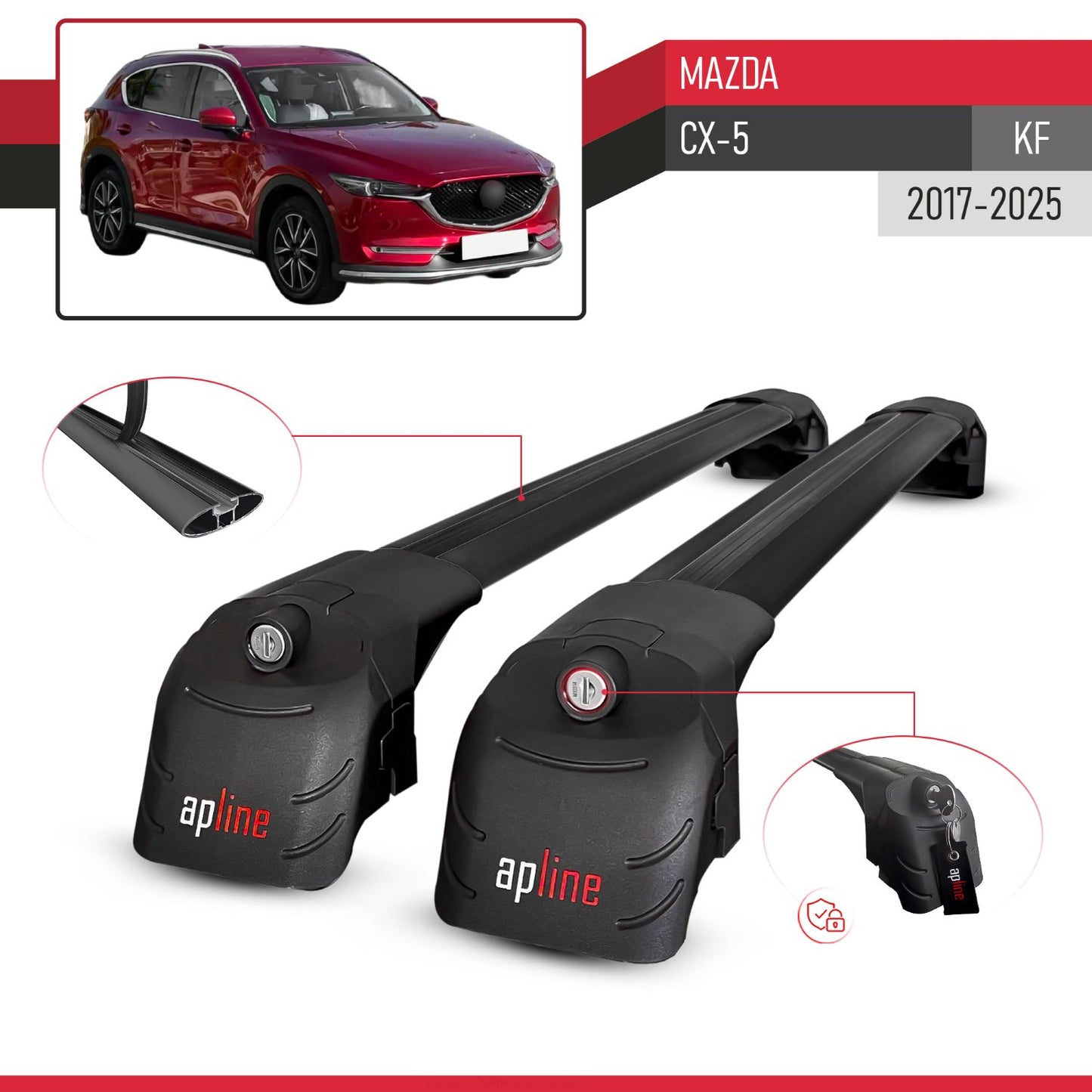 Compatible with Mazda CX-5 (KF) 2017-2025 ACE-2 Model Car Roof Rack Cross Bar Black Aluminium 2 Bars