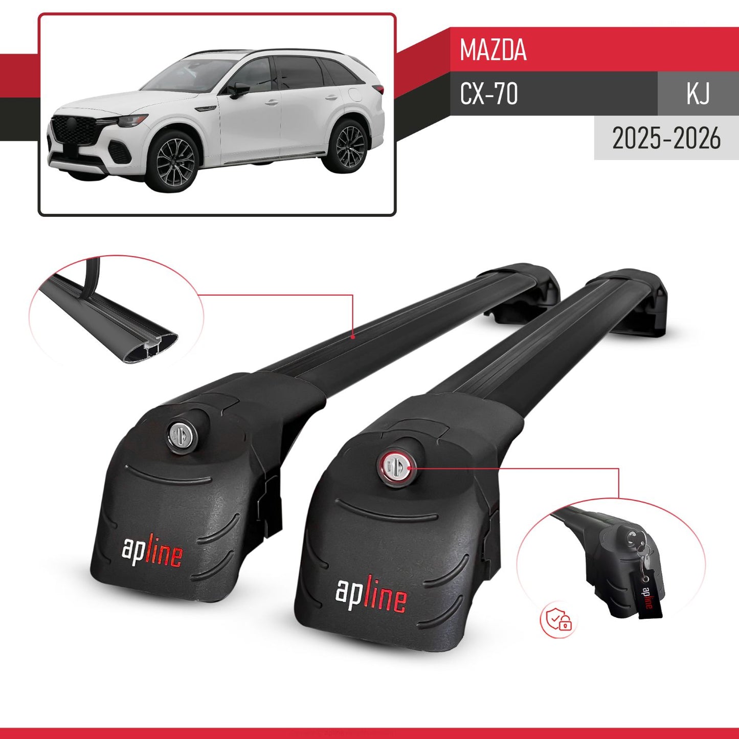 Compatible with Mazda CX-70 (KJ) 2025-2026 ACE-2 Model Car Roof Rack Cross Bar Black Aluminium 2 Bars