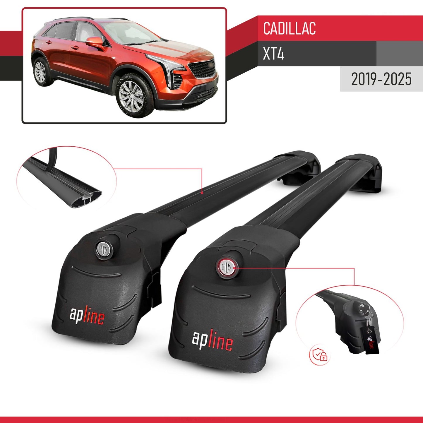 Compatible with Cadillac XT4 2019-2025 ACE-2 Model Car Roof Rack Cross Bar Black Aluminium 2 Bars