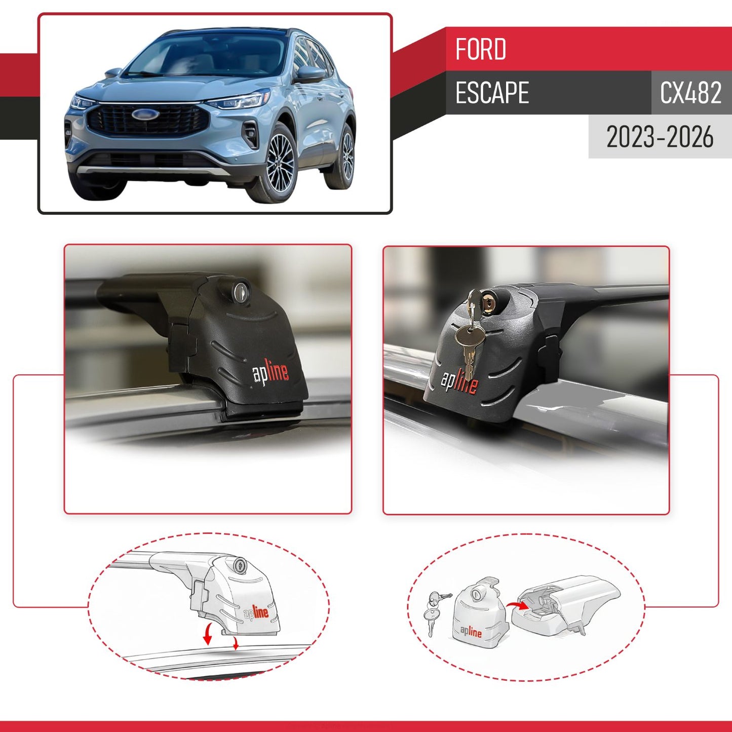 Compatible with Ford Escape (CX482) 2023-2026 ACE-2 Model Car Roof Rack Cross Bar Black Aluminium 2 Bars