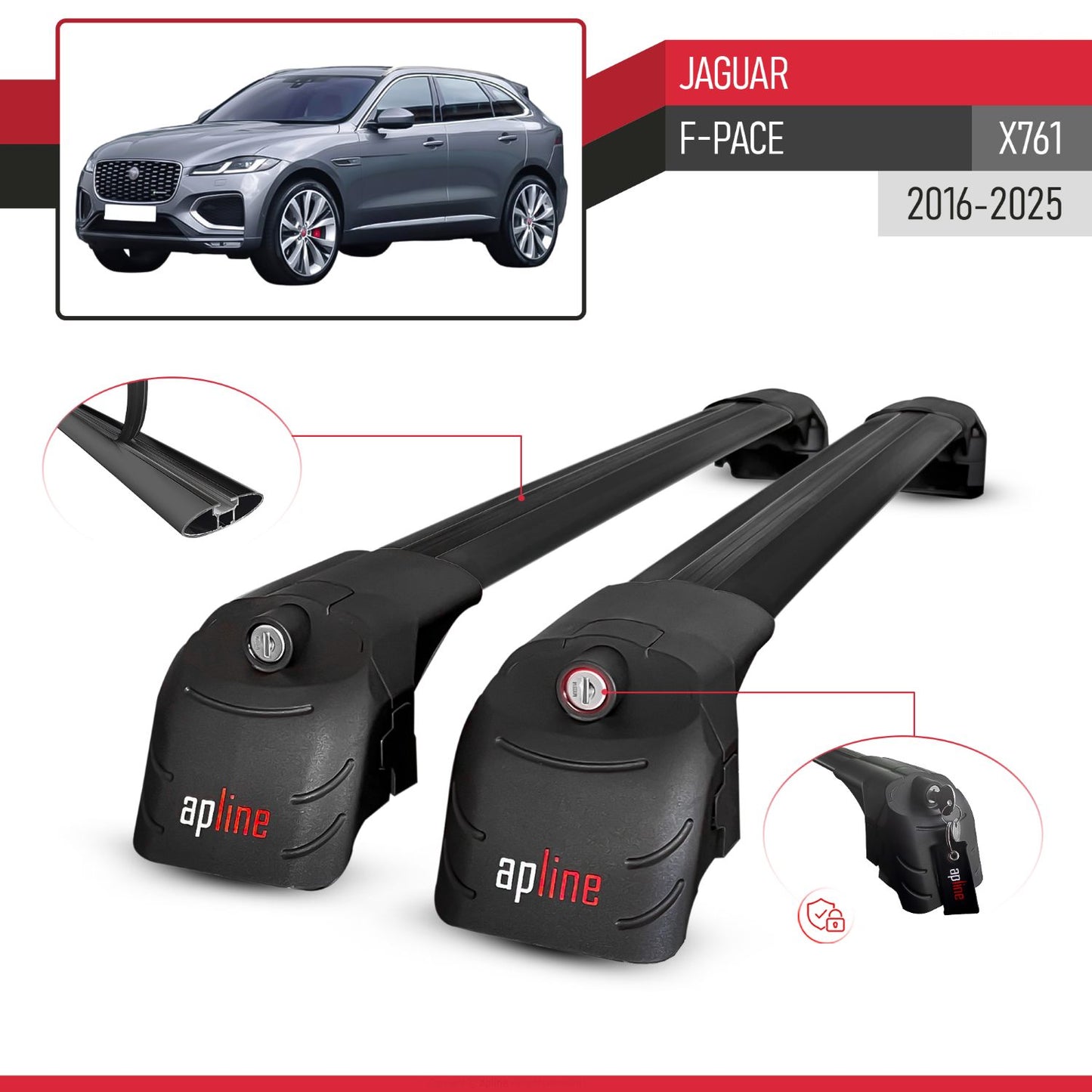 Compatible with Jaguar F-Pace (X761) 2016-2025 ACE-2 Model Car Roof Rack Cross Bar Black Aluminium 2 Bars