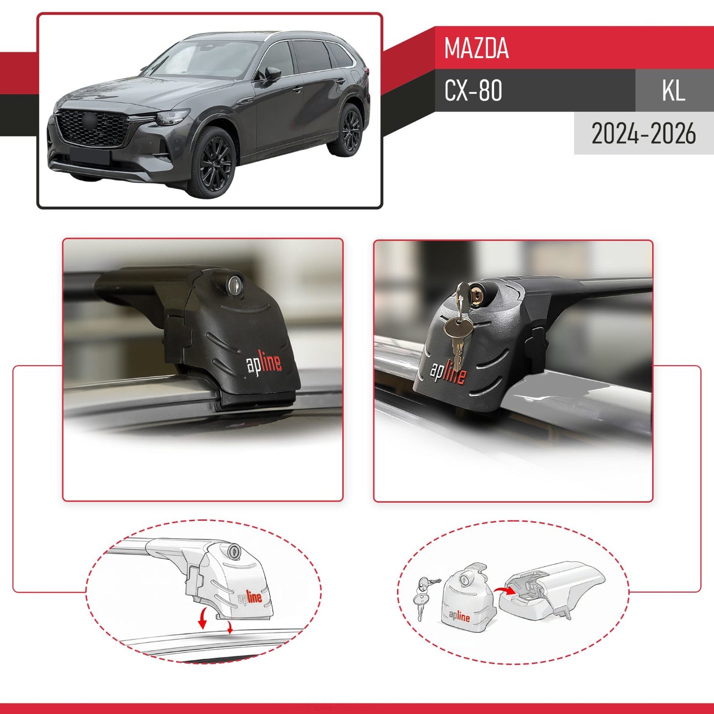 Compatible with Mazda CX-80 (KL) 2024-2026 ACE-2 Model Car Roof Rack Cross Bar Black Aluminium 2 Bars