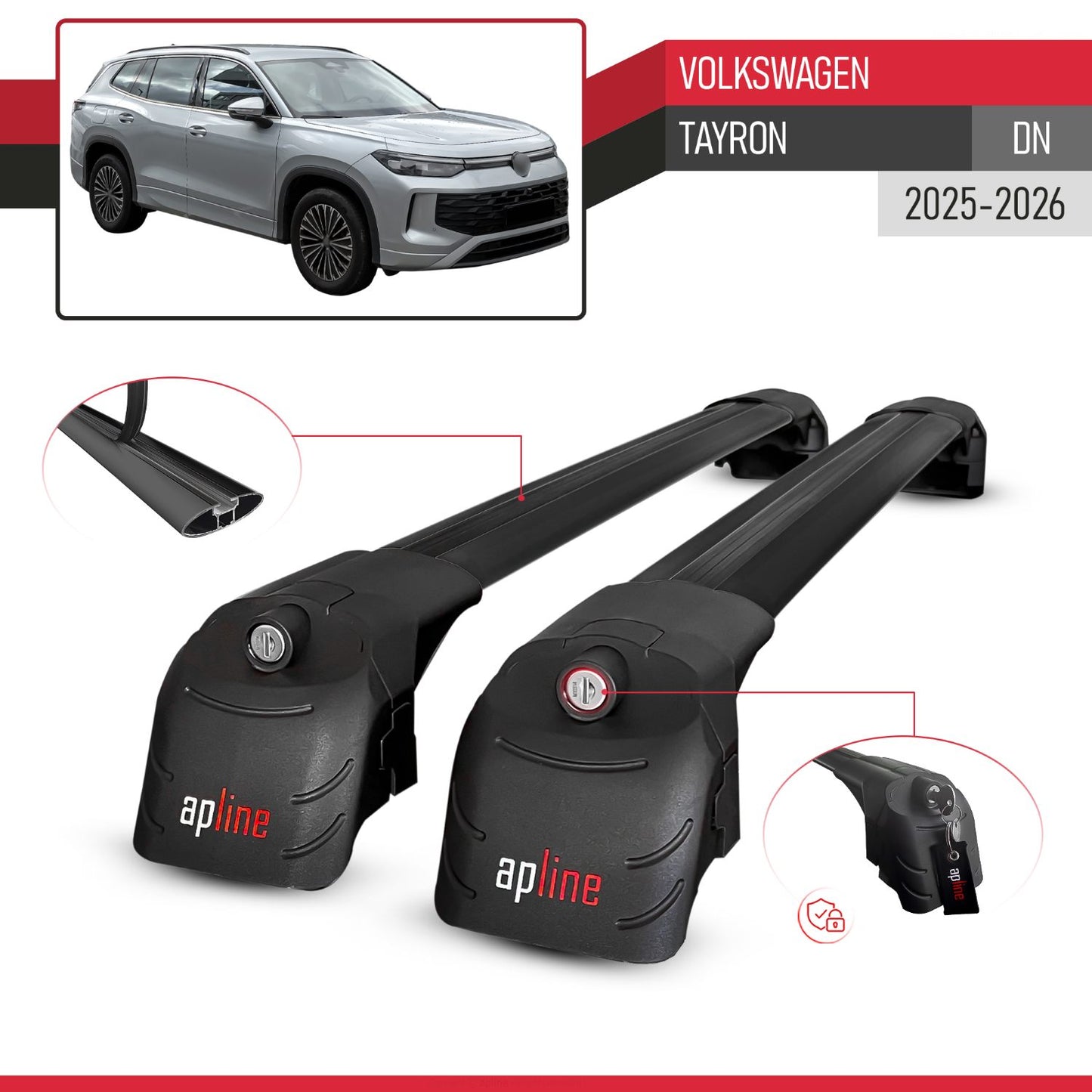 Compatible with Volkswagen Tayron (DN) 2025-2026 ACE-2 Model Car Roof Rack Cross Bar Black Aluminium 2 Bars