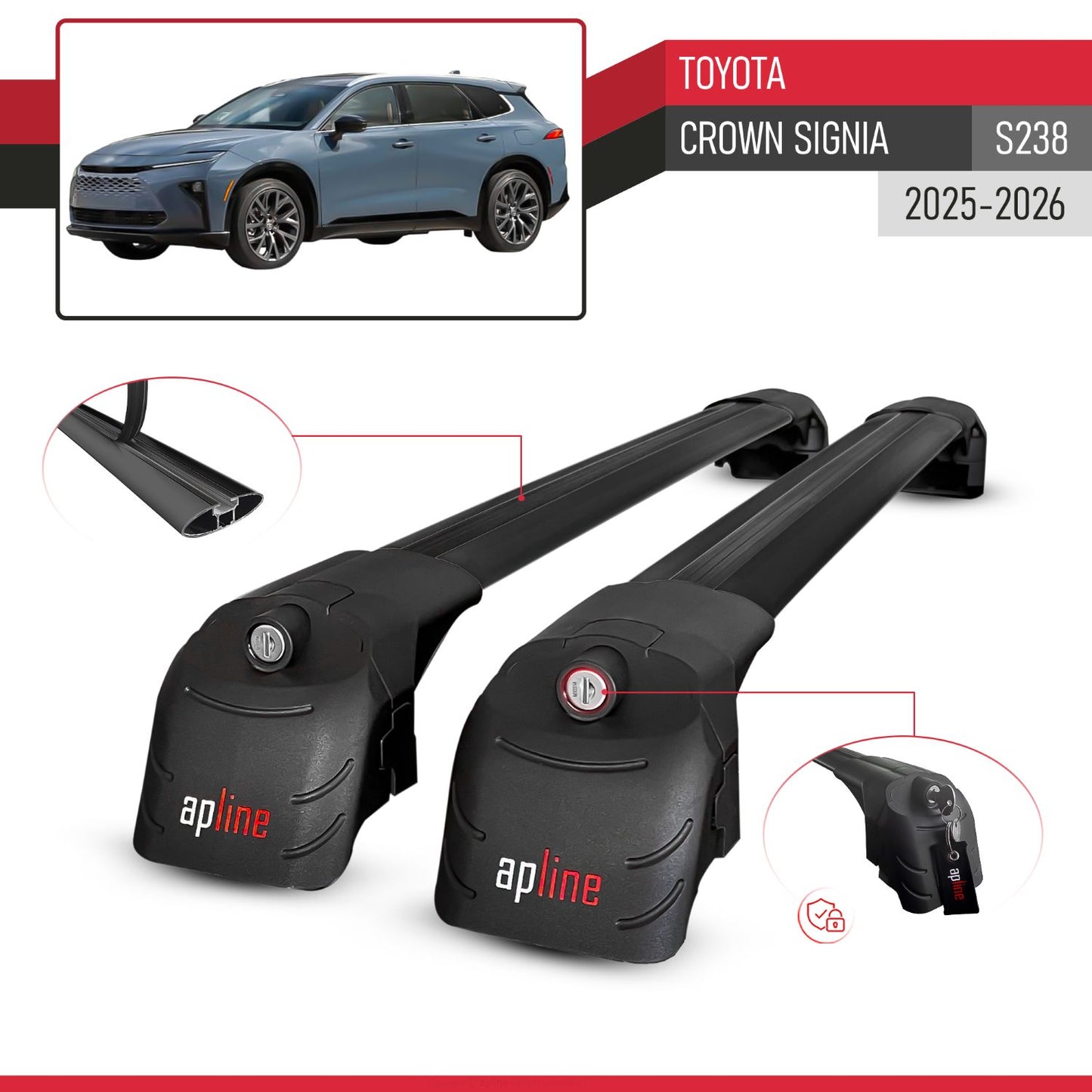 Compatible with Toyota Crown Signia (S238) 2025-2026 ACE-2 Model Roof Rack Black 2 Aluminium Bars
