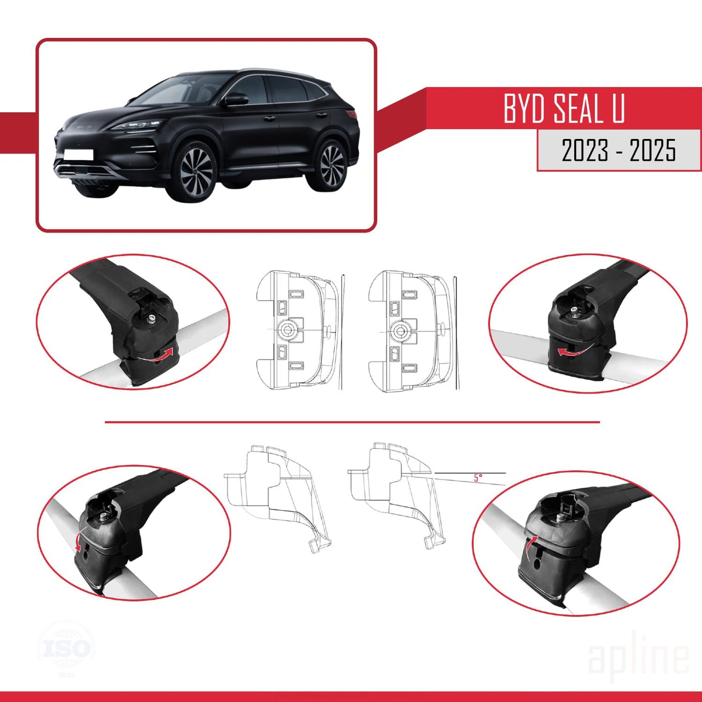 Compatible with BYD Seal U 2023-2025 ACE-2 Car Roof Rack Cross Bar Black Aluminium 2 Bars