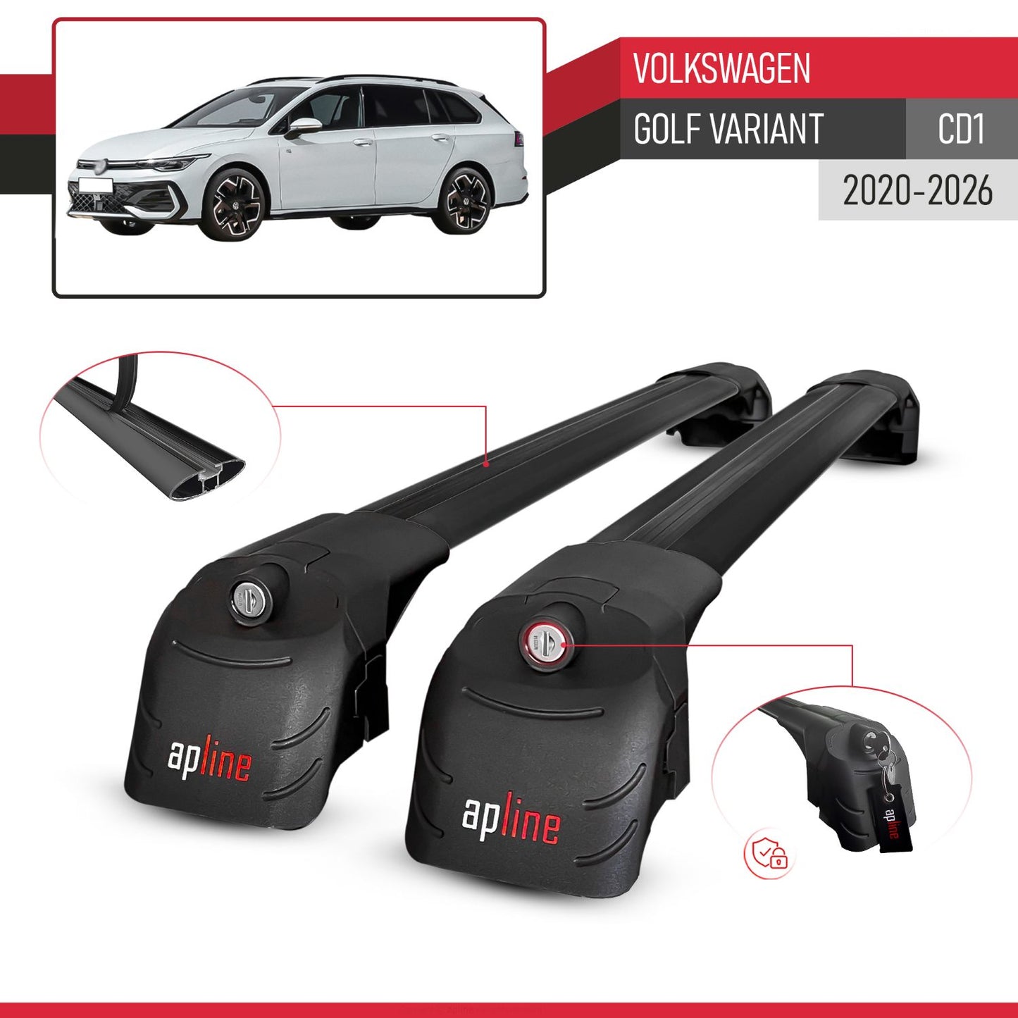 Compatible with Volkswagen Golf Variant (CD1) 2020-2026 ACE-2 Model Car Roof Rack Cross Bar Black Aluminium 2 Bars