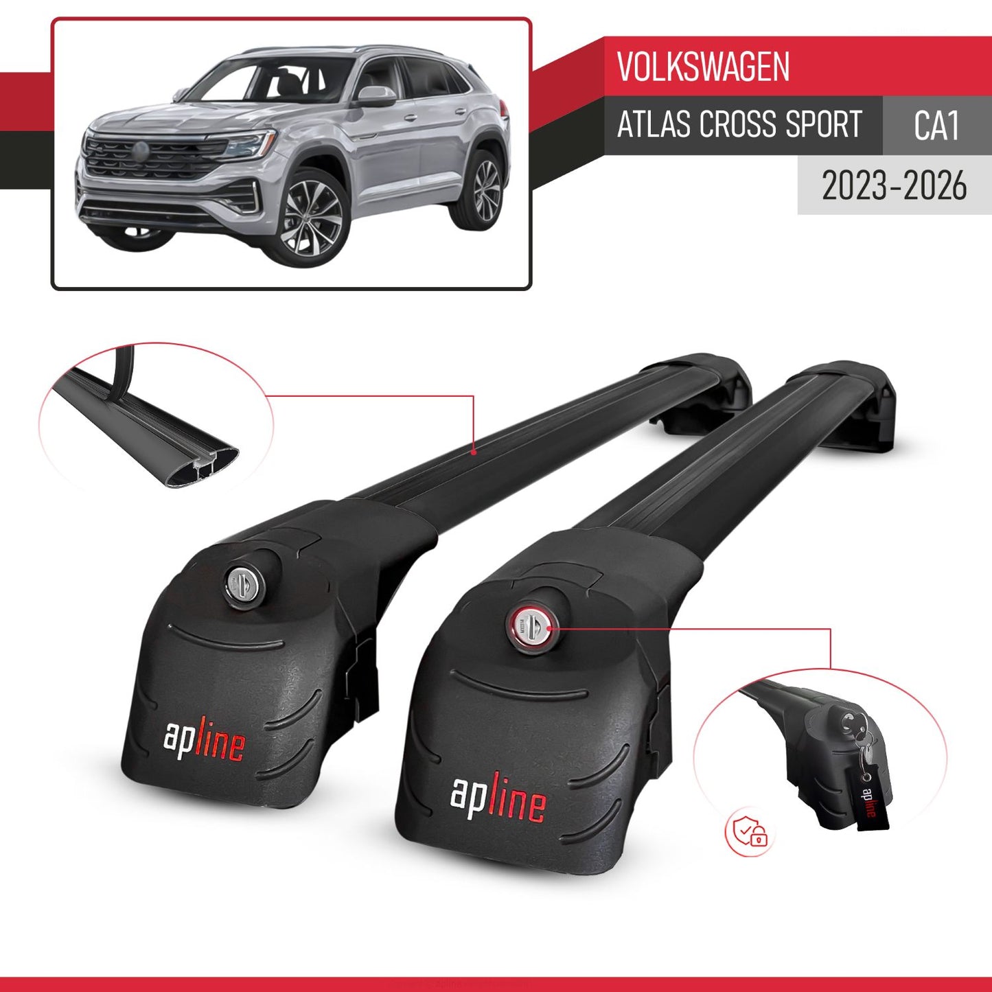 Compatible with Volkswagen Atlas Cross Sport (CA1) 2023-2026 ACE-2 Model Car Roof Rack Cross Bar Black Aluminium 2 Bars