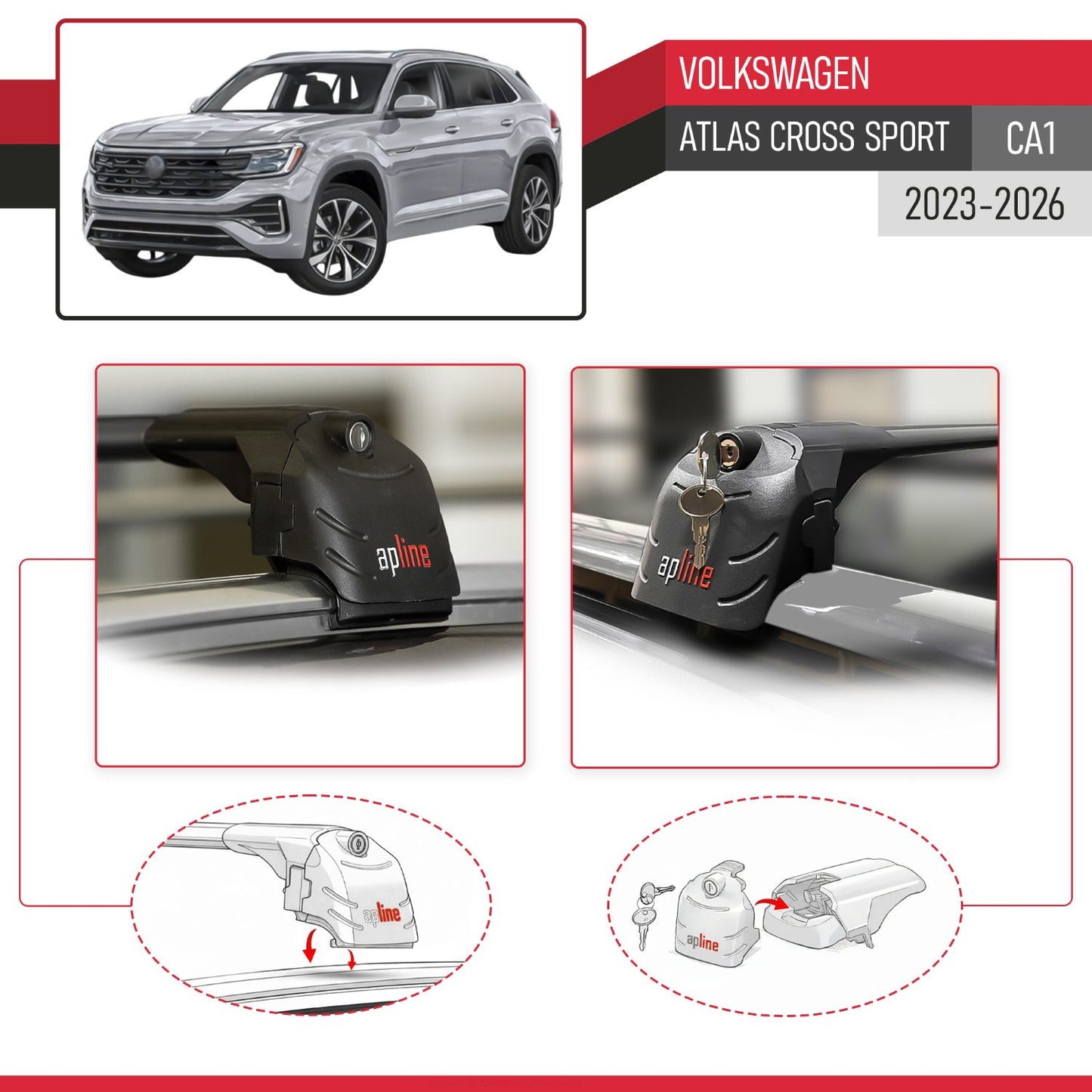 Compatible with Volkswagen Atlas Cross Sport (CA1) 2023-2026 ACE-2 Model Car Roof Rack Cross Bar Black Aluminium 2 Bars