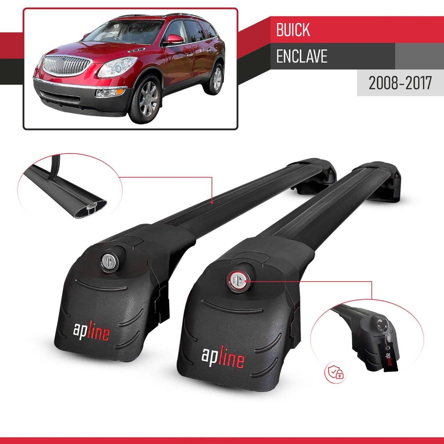 Compatible with Buick Enclave 2008-2017 ACE-2 Model Roof Rack Black 2 Aluminium Bars