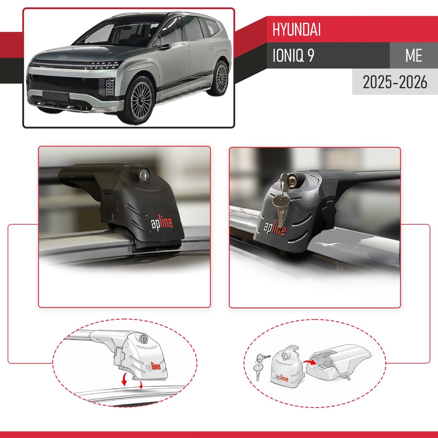 Compatible with Hyundai Ioniq 9 (ME) 2025-2026 ACE-2 Model Roof Rack Black 2 Aluminium Bars