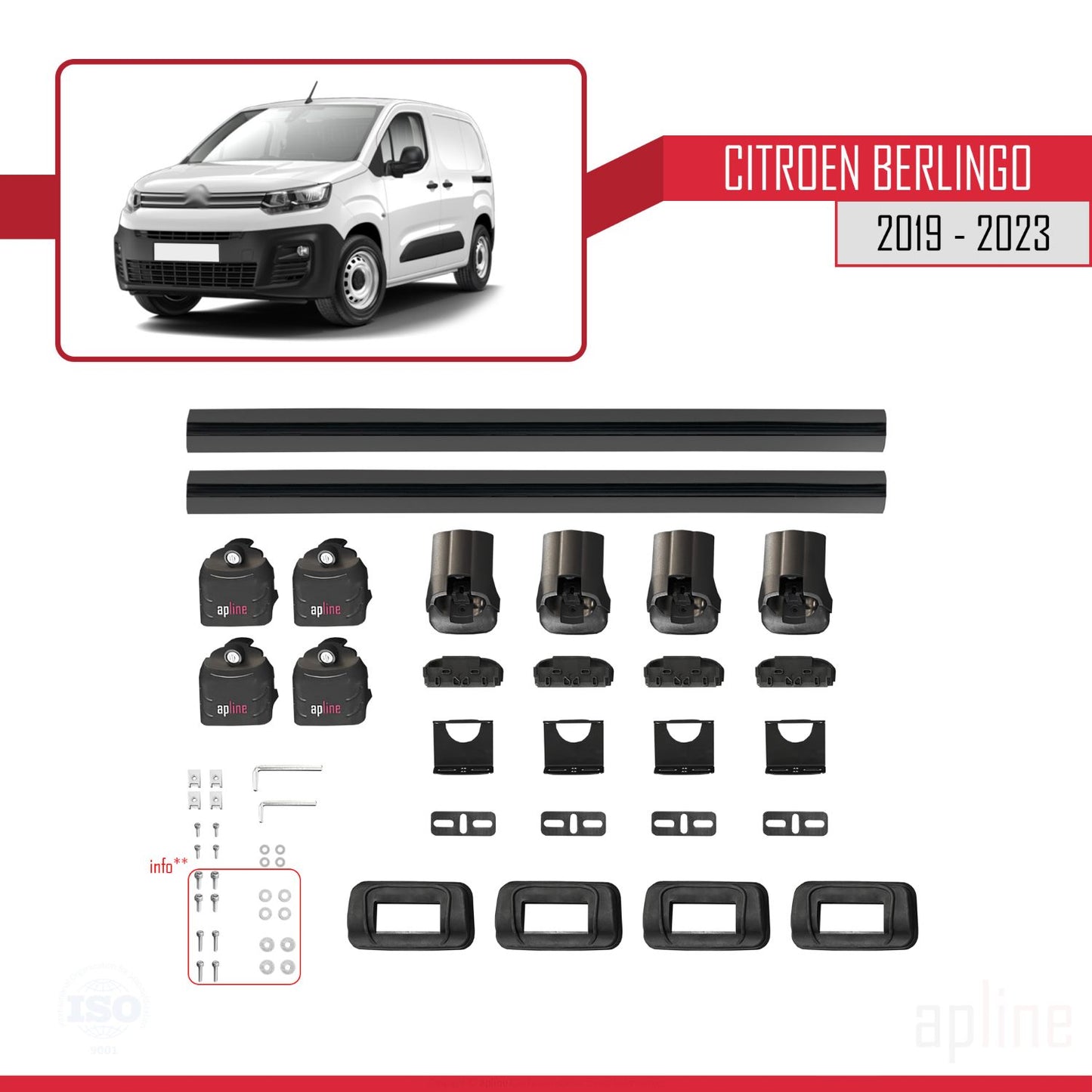 Compatible with Citroen Berlingo 2019-2023 ACE-3 Car Roof Rack Cross Bar Black Aluminium 2 Bars