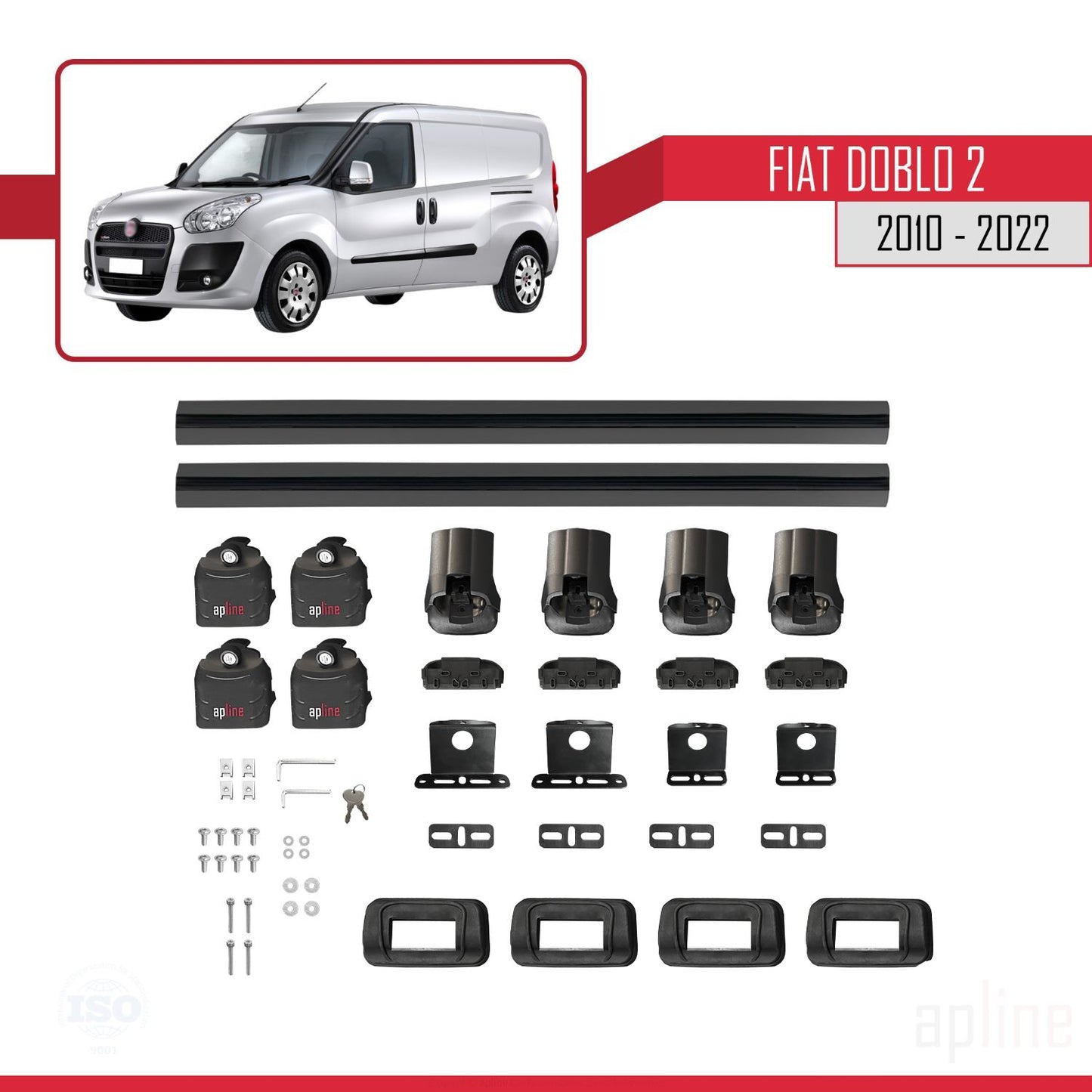 Compatible with Fiat Doblo 2 2010-2022 ACE-3 Car Roof Rack Cross Bar Black Aluminium 2 Bars