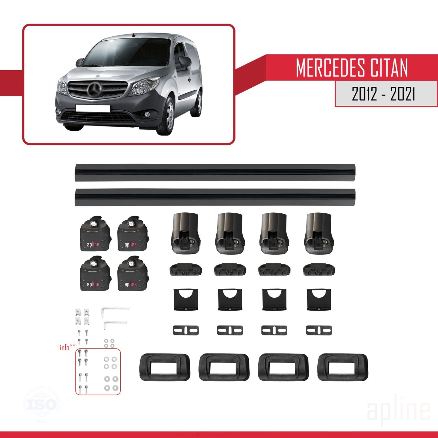Compatible with Mercedes Benz Citan 2012-2021 ACE-3 Car Roof Rack Cross Bar Black Aluminium 2 Bars