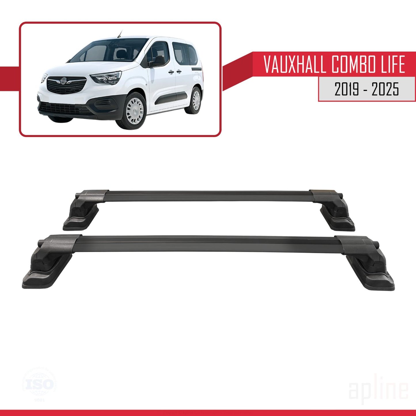 Compatible with Vauxhall Combo Life 2019-2025 ACE-3 Car Roof Rack Cross Bar Black Aluminium 2 Bars