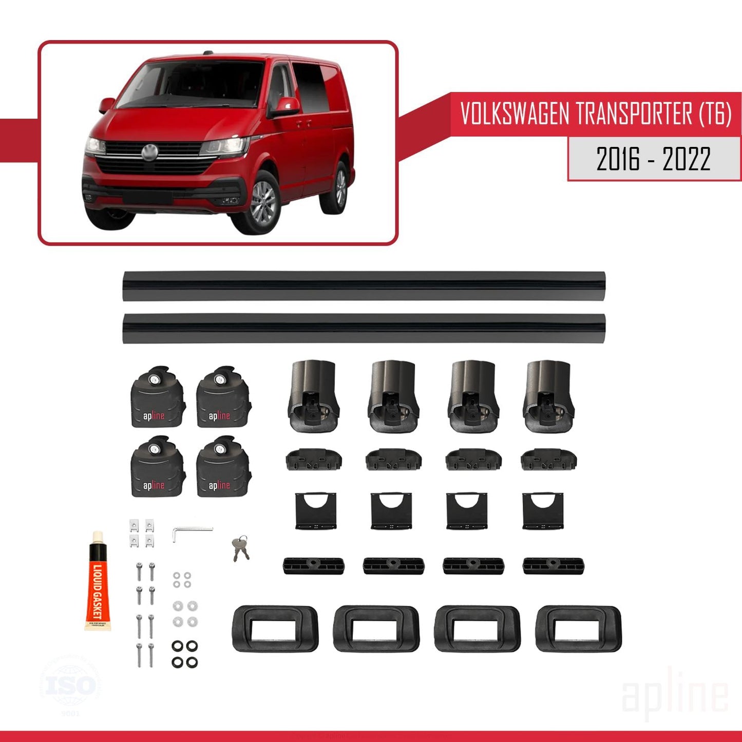 Compatible with Volkswagen Transporter (T6) 2016-2022 ACE-3 Car Roof Rack Cross Bar Black Aluminium 2 Bars