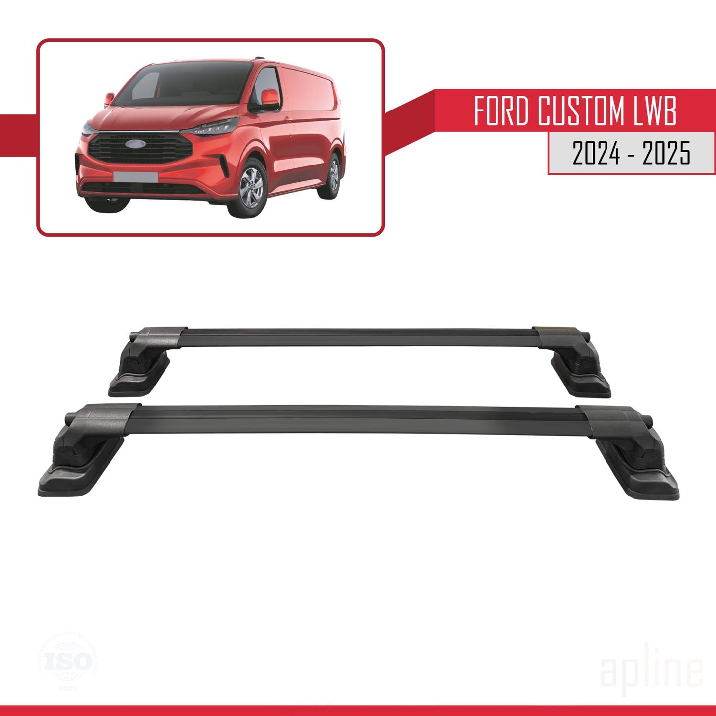 Compatible with Ford Custom 2024-2025 ACE-3 Car Roof Rack Cross Bar Black Aluminium 2 Bars