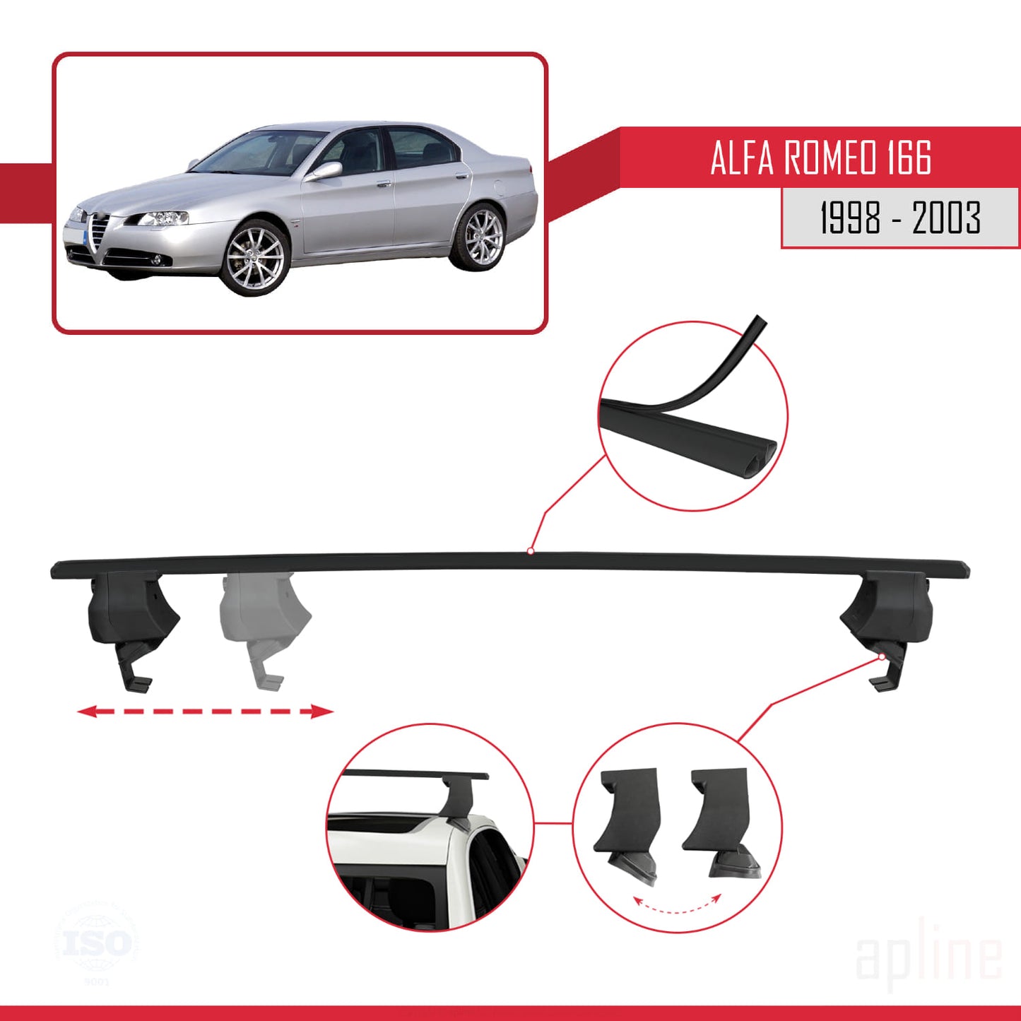 Compatible with Alfa Romeo 166 (T936) Pre-Facelift 1998-2003 ACE-4 Car Roof Rack Cross Bar Black Aluminium 2 Bars