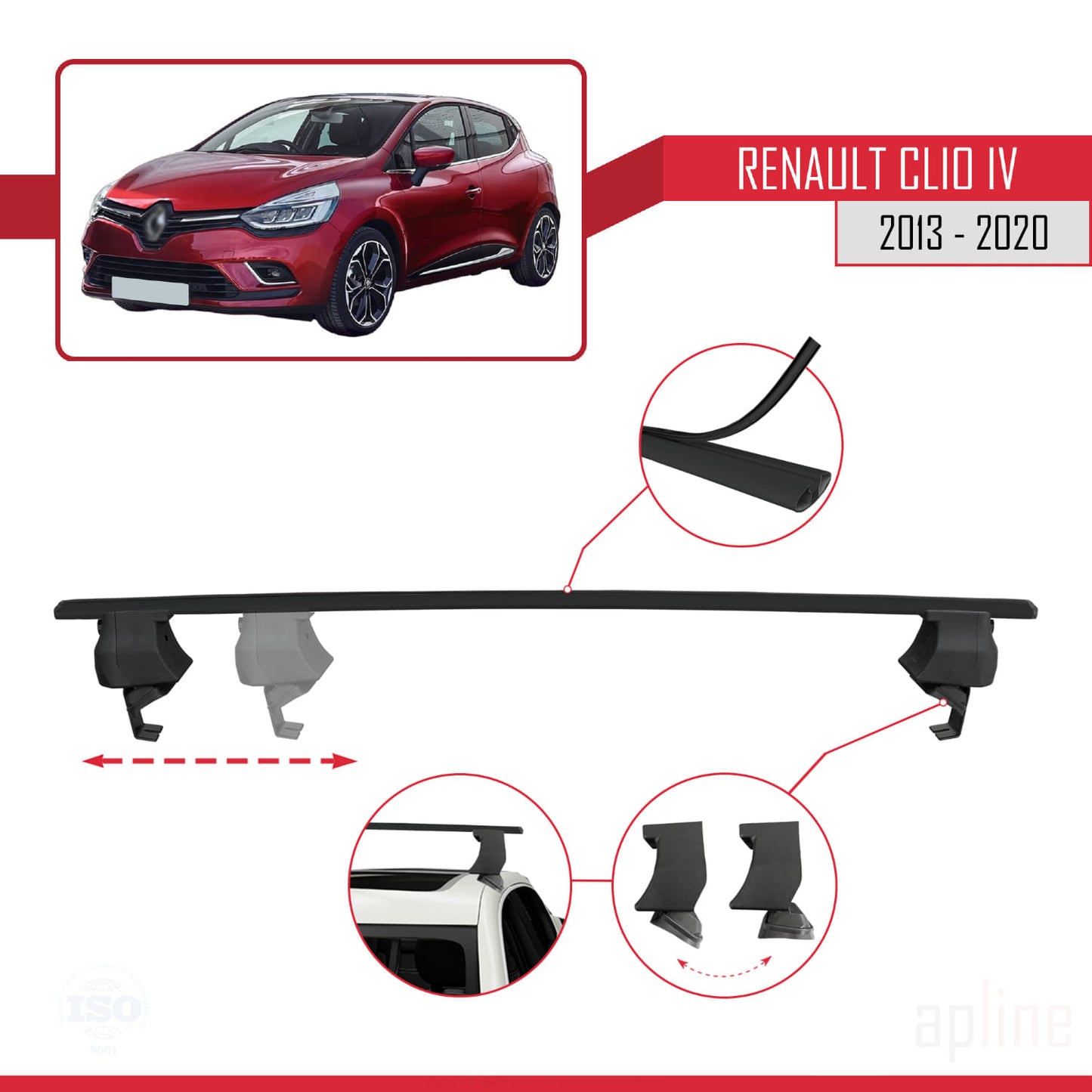 Compatible with Renault Clio 4 2013-2020 ACE-4 Car Roof Rack Cross Bar Black Aluminium 2 Bars