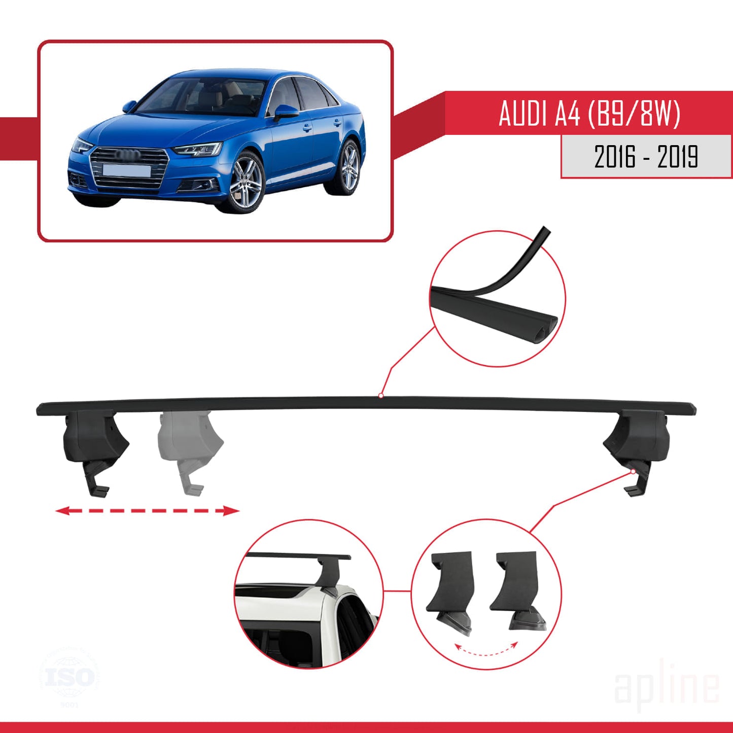 Compatible with Audi A4 (B9) Pre-Facelift 2016-2019 ACE-4 Car Roof Rack Cross Bar Black Aluminium 2 Bars