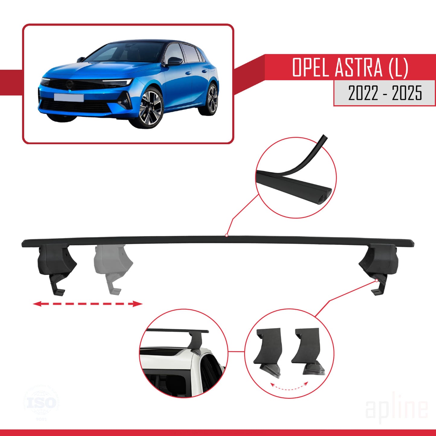 Compatible with Opel Astra L (C02) 2022-2025 ACE-4 Car Roof Rack Cross Bar Black Aluminium 2 Bars