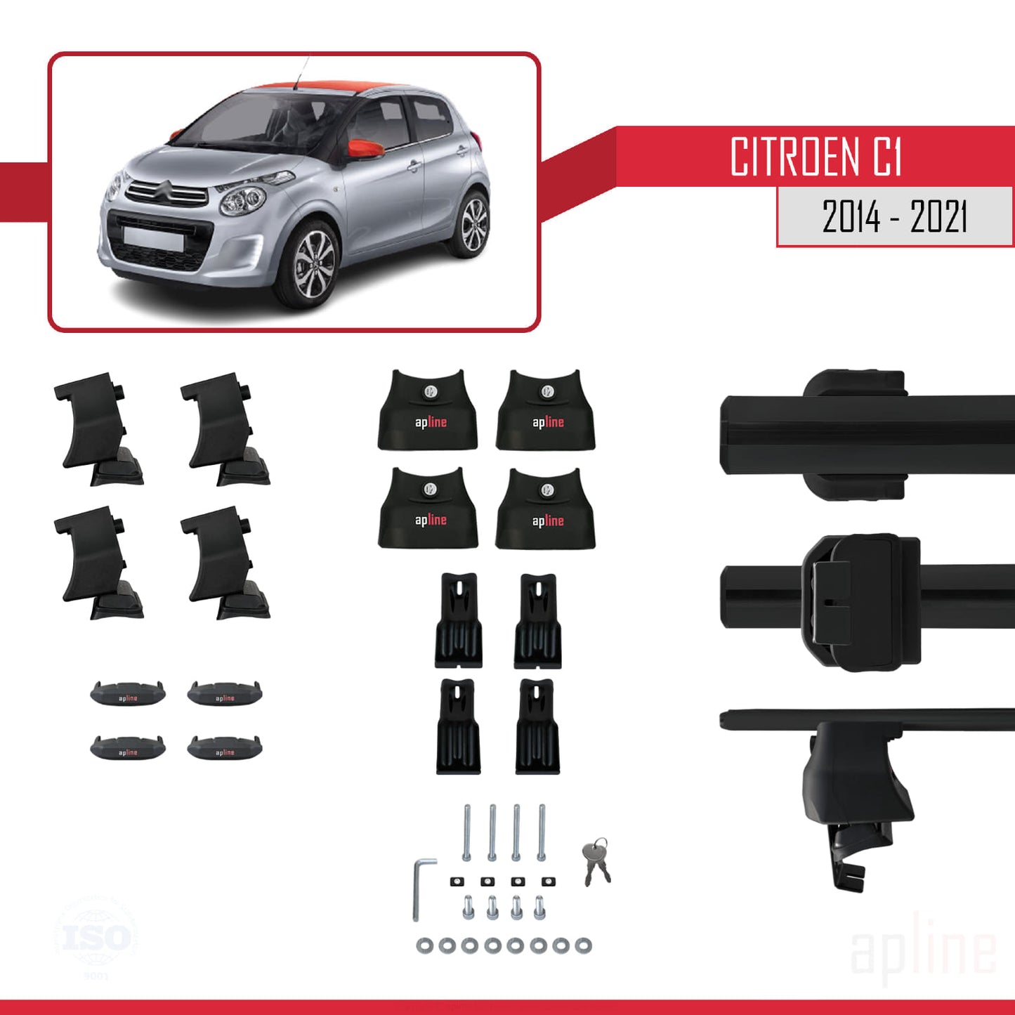 Compatible with Citroen C1 (AB40) 2014-2021 ACE-4 Car Roof Rack Cross Bar Black Aluminium 2 Bars
